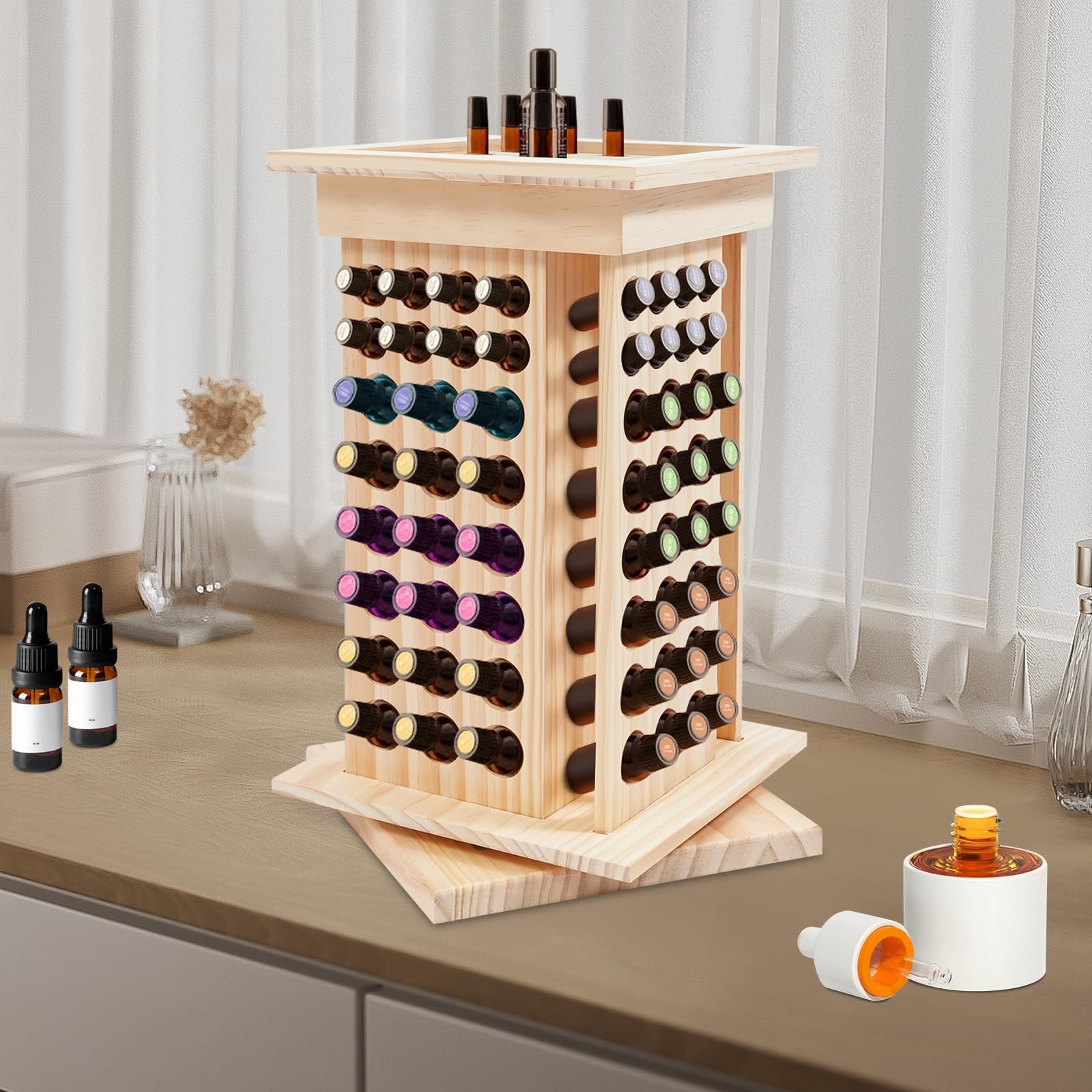 Organisateur rotatif en bois pour huiles essentielles, vernis à ongles, rouges à lèvres, cosmétiques, stain, papier d'essai de parfum avec 125 trous