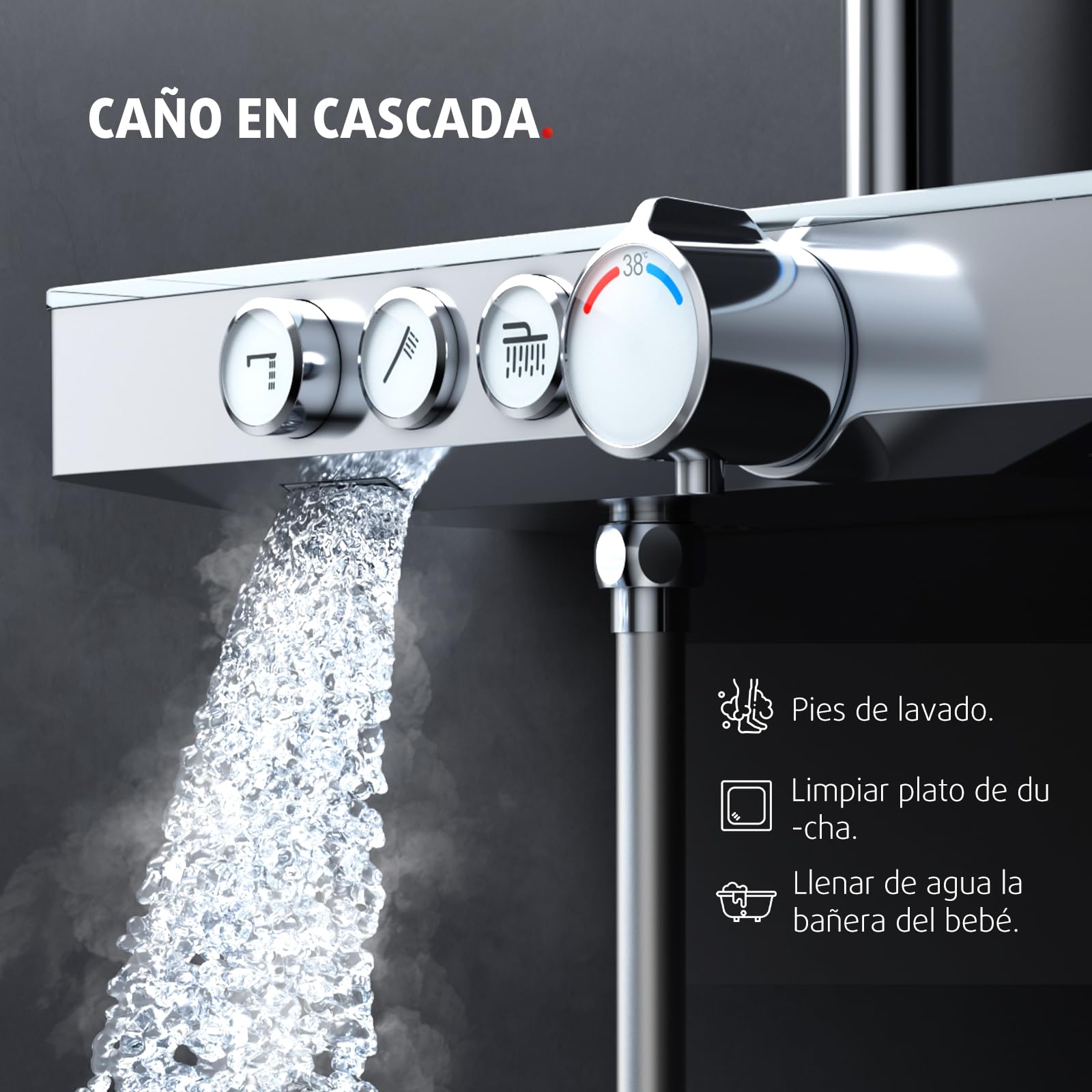 Rainsworth columna da ducha termostatica con repisa de cristal Cromo, ducha de techo de 26*26 cm, caño en cascada oculto, Alcachofa Ducha Lluvia y 3 Tipos Duchas de Baño, 920mm-1260mm barra de ducha | Rainsworth Juego completo de ducha con ducha de mano c