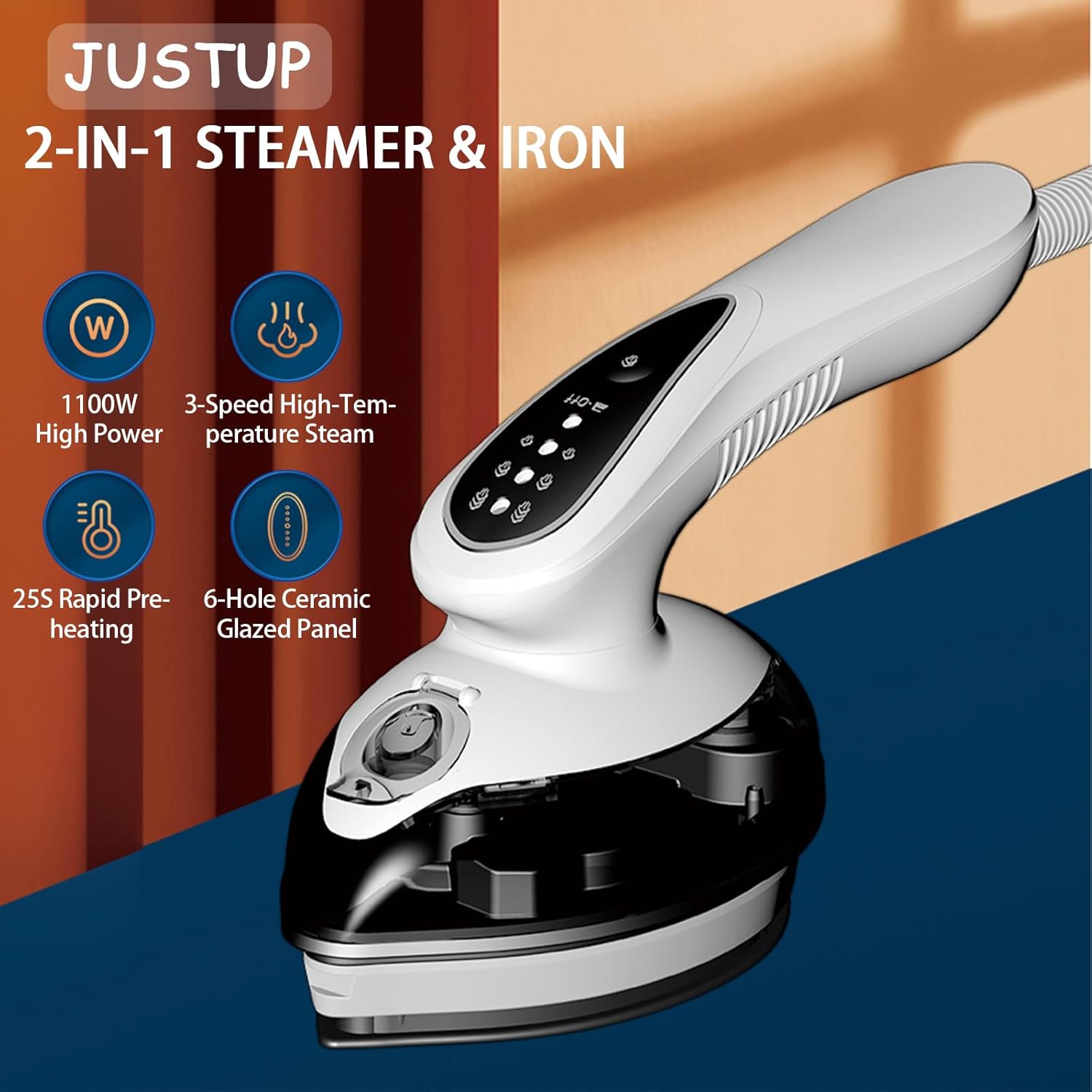 Portable Handheld Steam Iron, 3+1 Level Pressurized Large Steam Ironing Machine, 1100W Household Iron with Rapid Preheating in 25S, Ceramic Bottom Plate, Suitable for Home, Travel&Dorms (Ivory White)