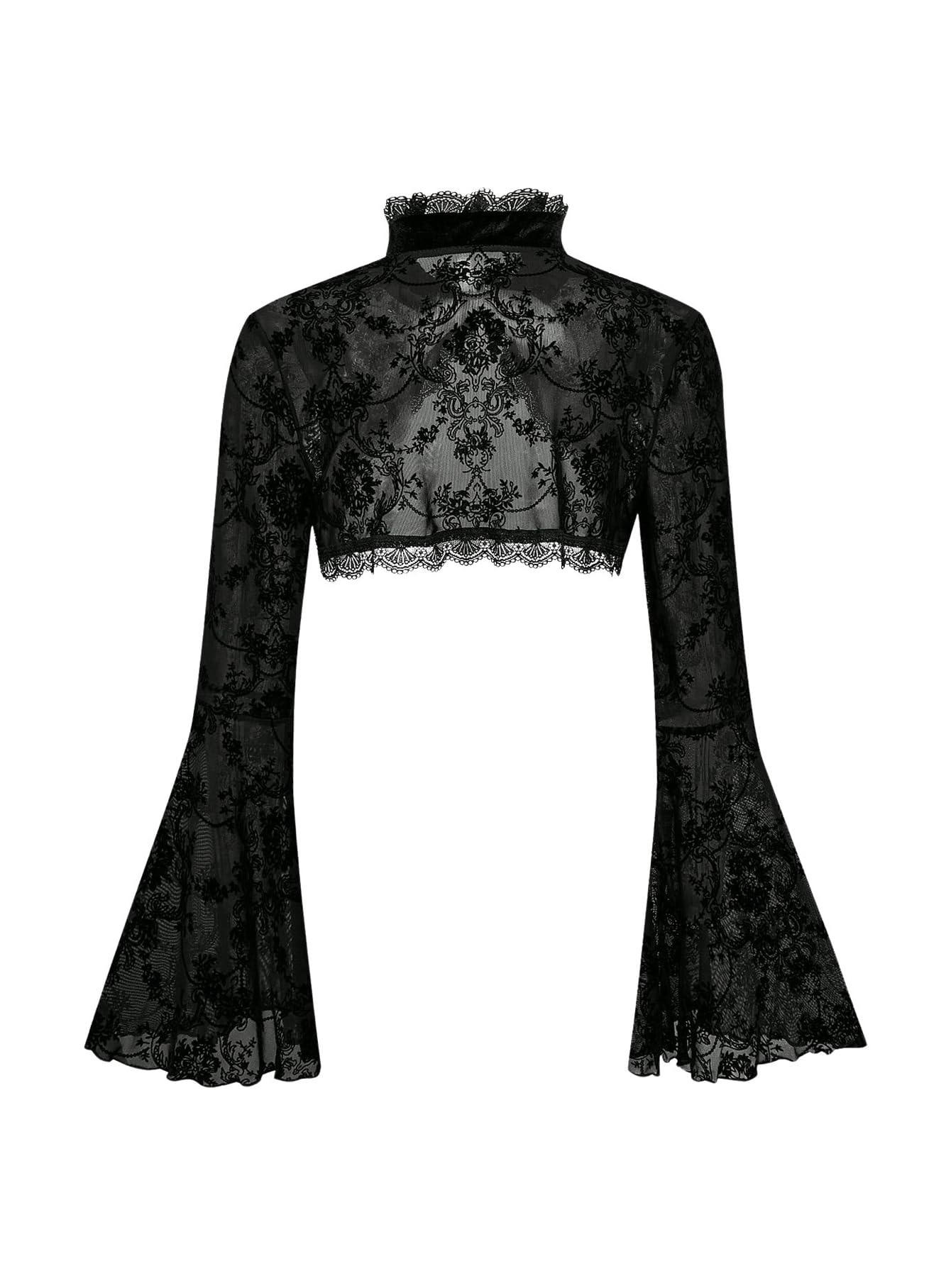 GORGLITTER Womens Lace Bell Long Sleeve Goth Tops Poncho Y2k Mock NeckLightweight Bolero Shrugs Cardigan for Dress