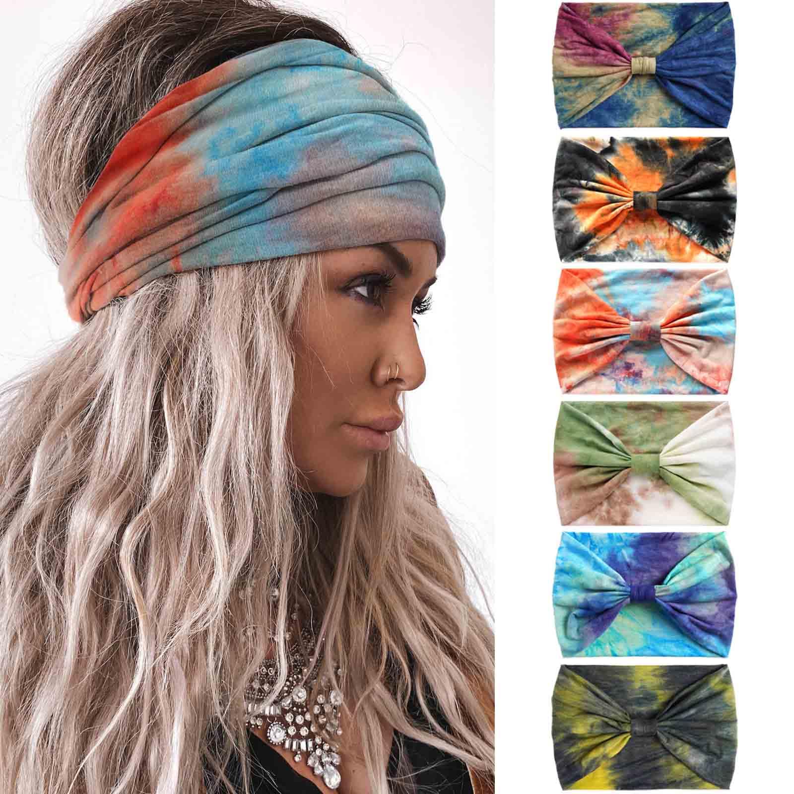 Olbye Headbands for Women Wide Boho Hairbands Knotted Turban Headband Tie Dye Non Slip Elastic Head Bands Floral African Workout Head Wraps Solid