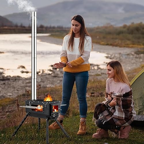 Miniatura 3 de Estufa de tienda AVOFOREST Estufa de leña con pies altos, estufa portátil de tienda caliente con 6 tubos de chimenea de acero inoxidable para