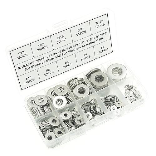 Miniatura 3 de MCMASKE 360 piezas #2 a 716 pulgadas 304 (18-8) acero inoxidable SAE arandelas planas Kit surtido, para tornillos y pernos #2#4#6#8#10#12 14" 516"