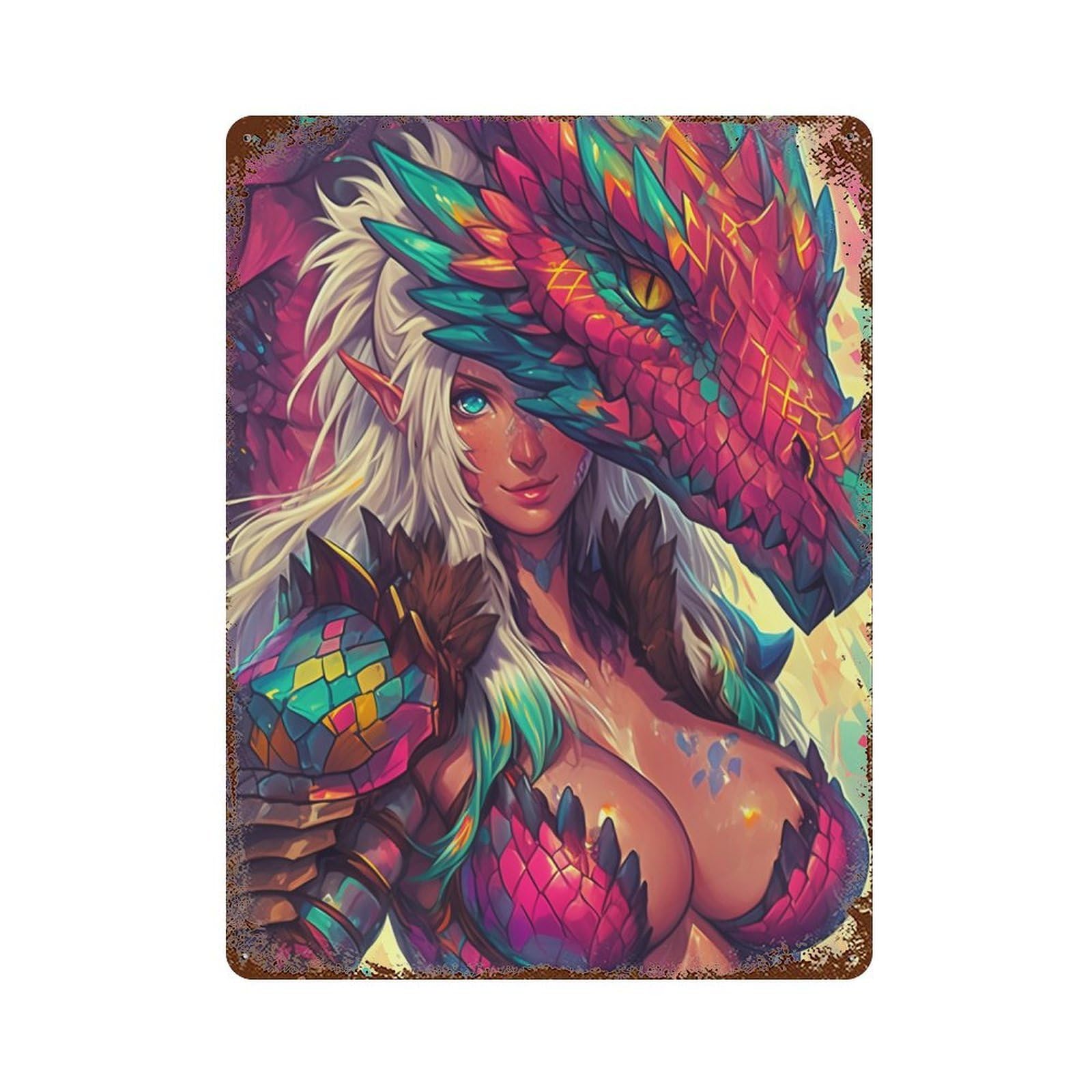 Weathered Tin Sign with Dragon Fantasy Artwork Design 15.7"x11.8", for Office, Studio And Wall Decor, Retro Wall Decor