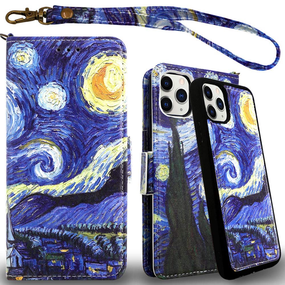 Mefon iPhone 11 Pro Max Case Wallet Leather Detachable, Wireless Charging Compatible, with Tempered Glass and Wrist Strap, Magnetic Detachable Flip Folio Cases for iPhone 11 Pro Max 6.5 (Starry Night)