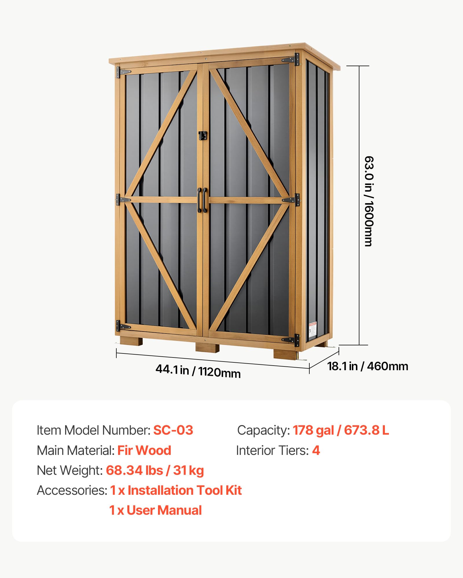 VEVOR Gartenschrank Holz, Geräteschrank mit Abschließbaren Türen, Gerätehaus mit Regalen & Boden, Geräteschuppen, Gartengerätehaus, Werkzeugschrank für Terrasse, Garten, Rasen, 112x46x160 cm
