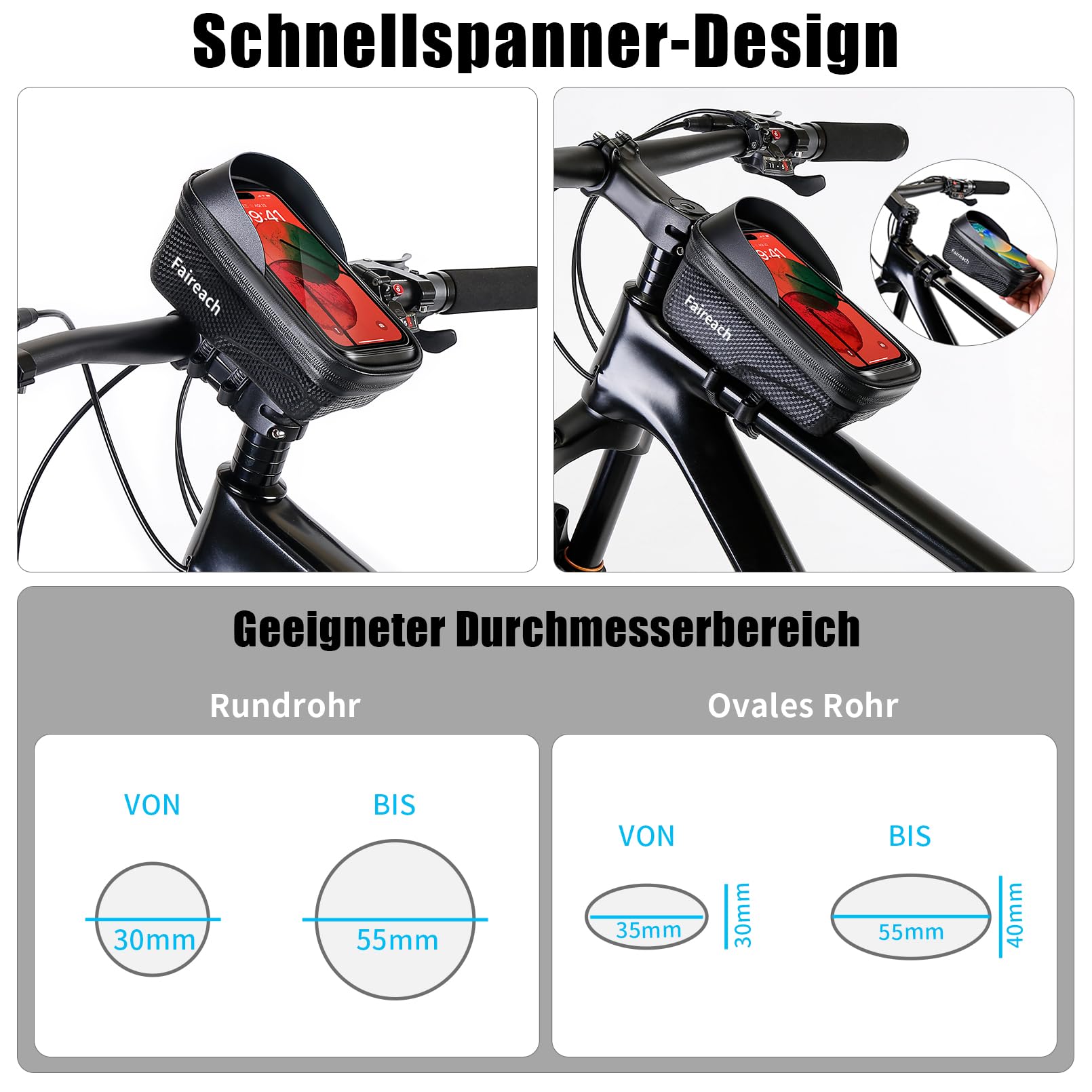 Fahrradtasche Rahmen Schnellverschluss, Fahrrad Rahmentasche Wasserdicht mit Große Kapazität Handytasche Fahrrad mit 0.25mm Touchscreen, Face ID für Smartphones 5,5-7 Zoll