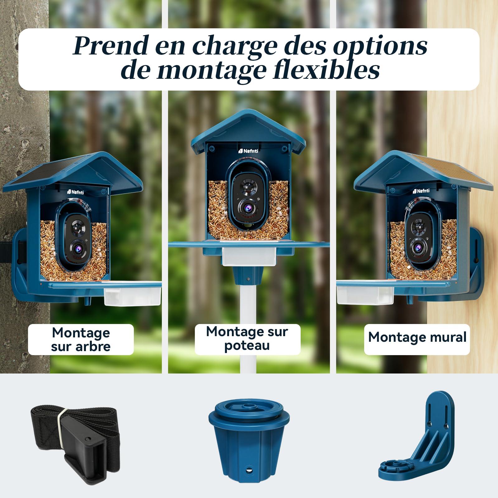 Mangeoire oiseaux extérieur avec caméra 2K, reconnaissance IA des espèces via application, solaire, WiFi 2,4/5 GHz, vision nocturne, notifications instantanées