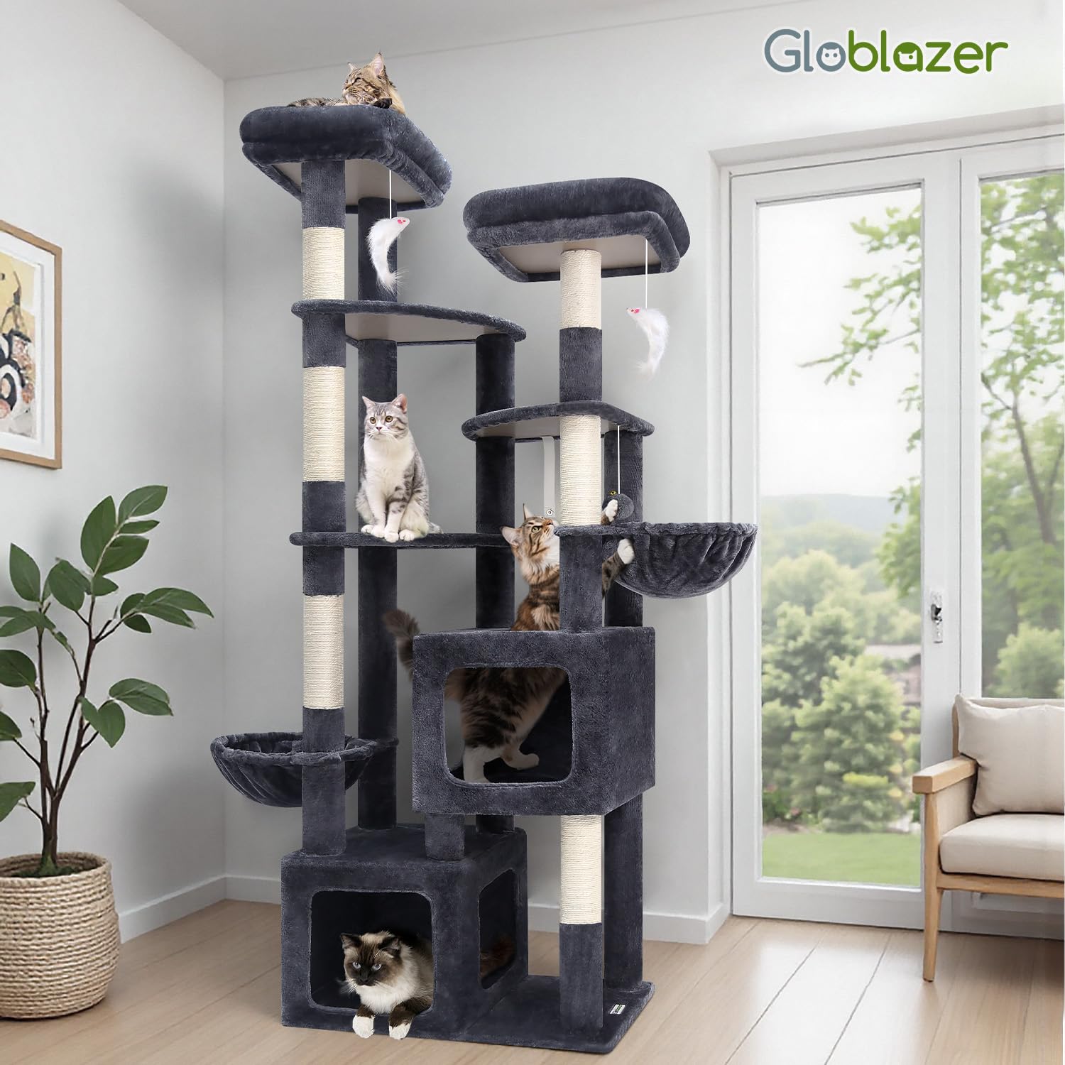 Globlazer Drapak dla dużych kotów, XXL, 189 cm wysokości, z 2 bardzo dużymi jaskiniami 45 x 40 x 35 cm, 3 szerokie formy do piata 45 x 40 cm, 2 wyściełane tyczki, 2 kosze, stabilne drzewko dla kota
