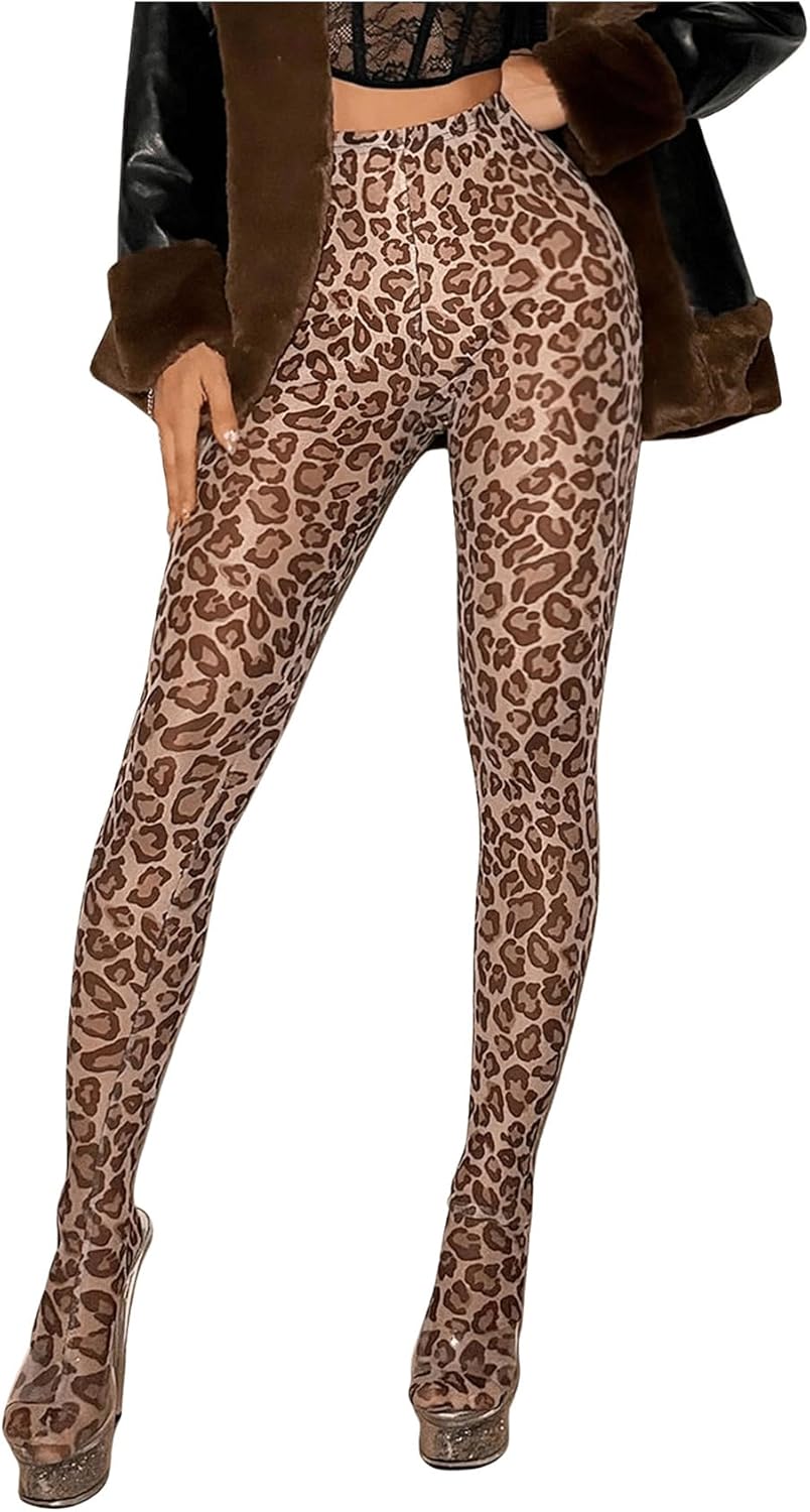 MakeMeChic Women’s Leopard Print Tights Mesh High Waist Skinny Pants Y2K Leggings