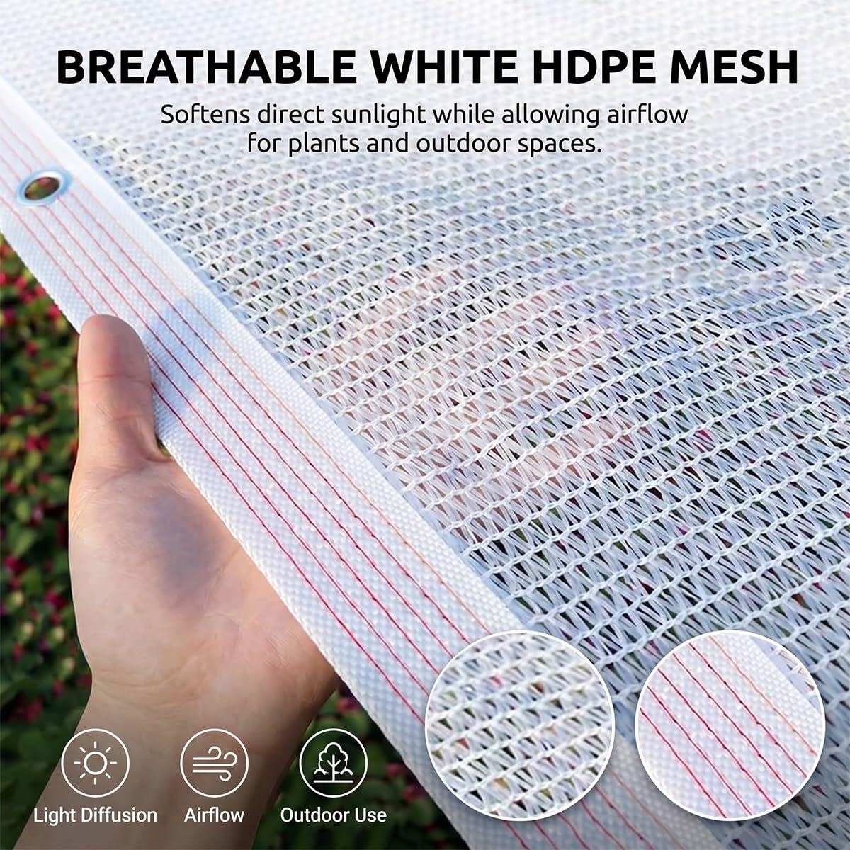 Weißes E-Netz, 55 % – atmungsaktives Outdoor-Baldachin mit Ösen und Seil, ideal für Gewächshäuser, Gartenpflanzen, Terrassen, Terrassen und Hühner (5 x 10 m)