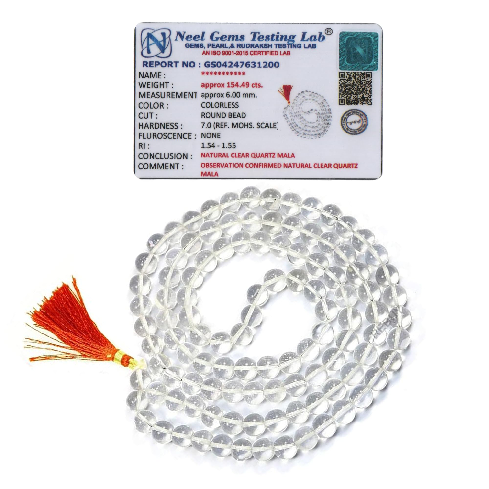 REBUY Clear crystal Quartz Sphatik Jaap Mala for Pooja and Astrology Certified (108+1 Beads;Bead Size : 6 mm)