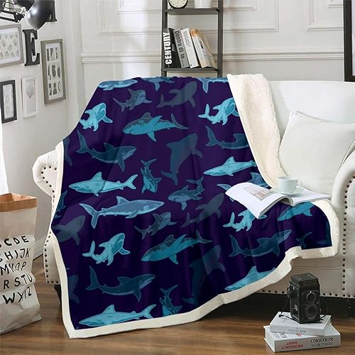 Sharks Sherpa Blanket, Large Reef Shark Fleece Blanket, Deep Ocean Animal Fuzzy Blanket For Kids Boys Girls, Rodents Wild Marine Life Hawaiian Blanket Throw Child Room Décor Twin 60"x80" Navy Blue - Multi 30 - Twin(60"x80")