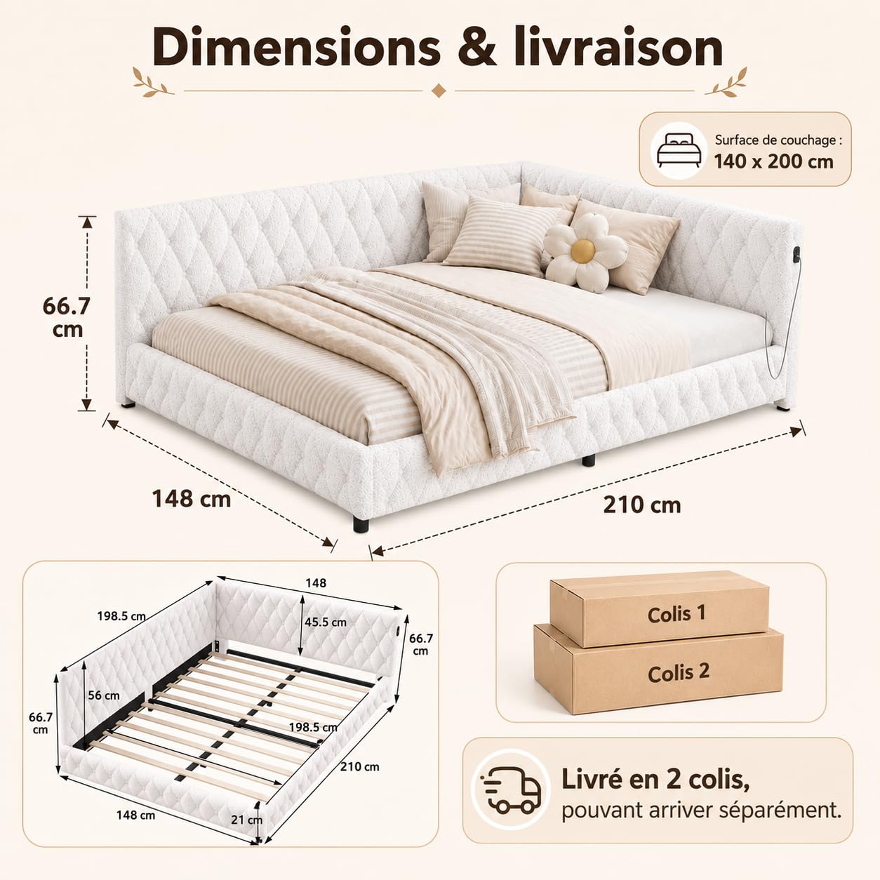 Kinderbett Polsterbett 140x200,Einzelbett Multifunktionsbett mit LED-Beleuchtung und USB-Aufladung,Jugendbett 140x200 mit Led,Bettgestell mit Lattenrost,Ohne Matratze,Teddy Velvet
