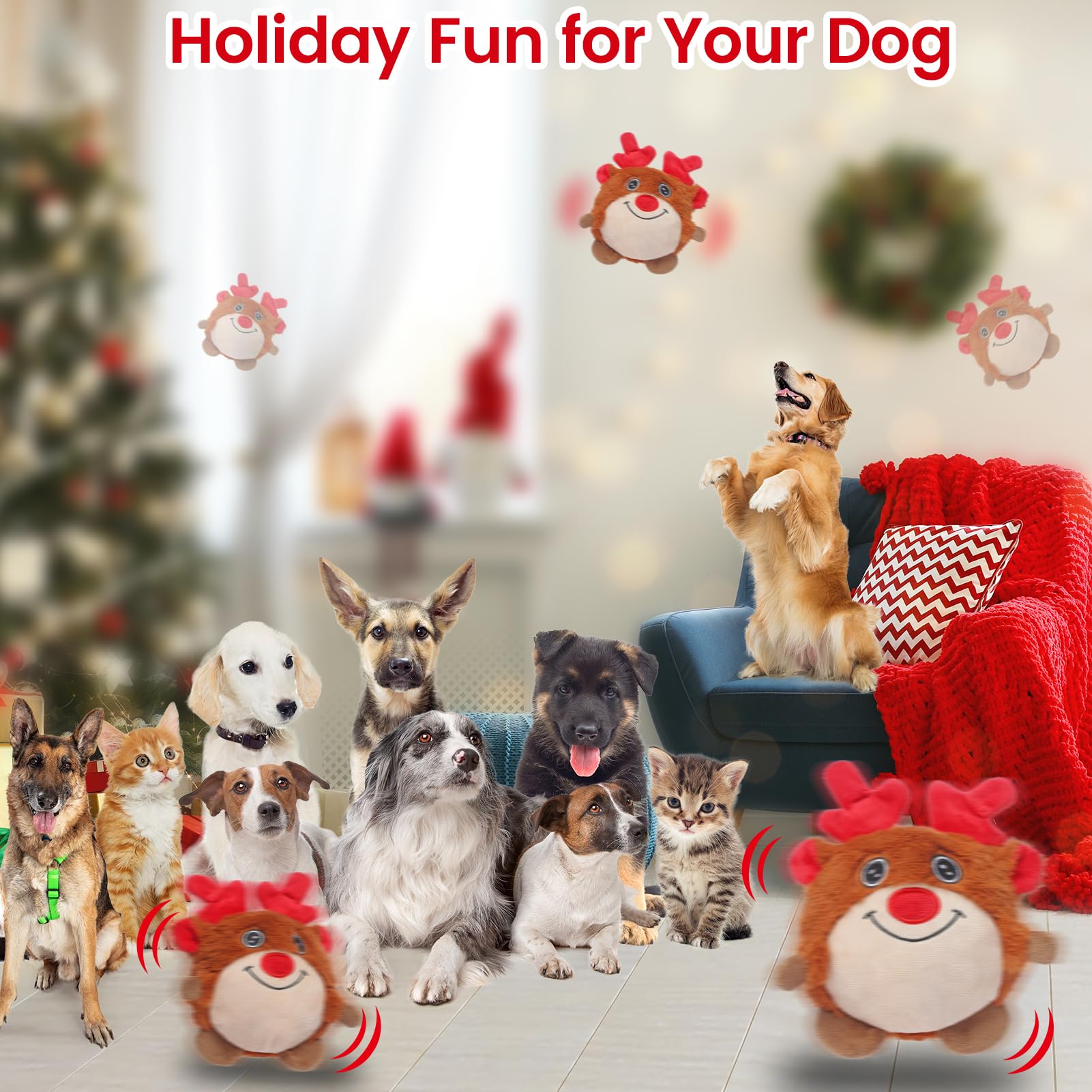 Senneny Jouets de Noël pour chien, jouets interactifs pour chien, renne, chemin aléatoire, jouet électrique à mouvement automatique et roulant, balle pour chien activée par le mouvement, avec housse