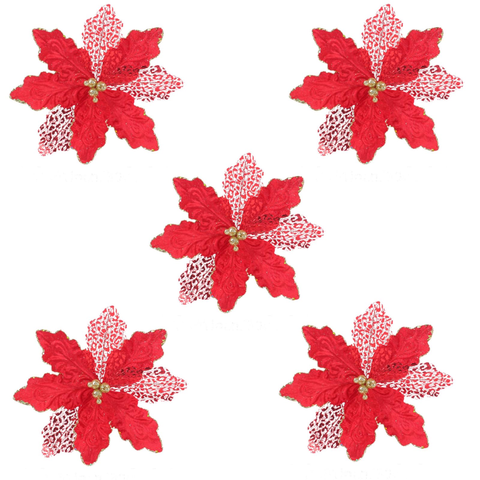 Tsophreniq Of 5 Glittering Poinsettias Artificial Flower Sparkling Christmas Tree Ornament Stylish Festival Seasonal Decoration Festival Holiday Decoration