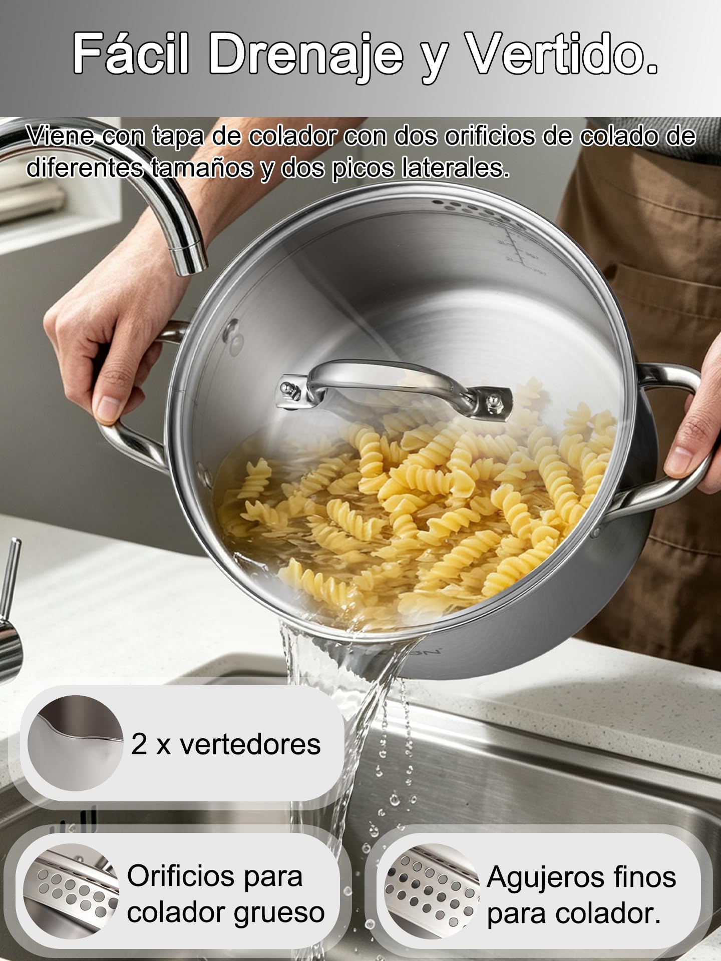 VENTION Olla de Acero Inoxidable de Triple Capa con Tapa Coladora de Vidrio, olla Multiusos para Pasta de 5,3 Litros, olla para Inducción con dos Boquillas Laterales.