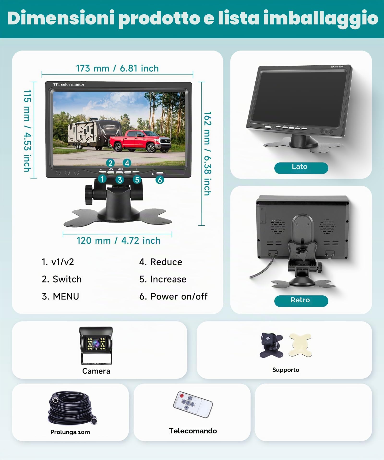 VECHTEL telecamera posteriore*2 con schermo 7 pollici,assistenza al parcheggio, telecamera posteriore a 18 LED,visione notturna,IP68,per SUV, camion, camper, DC 12-24 V,Cavo 10 m+15 m