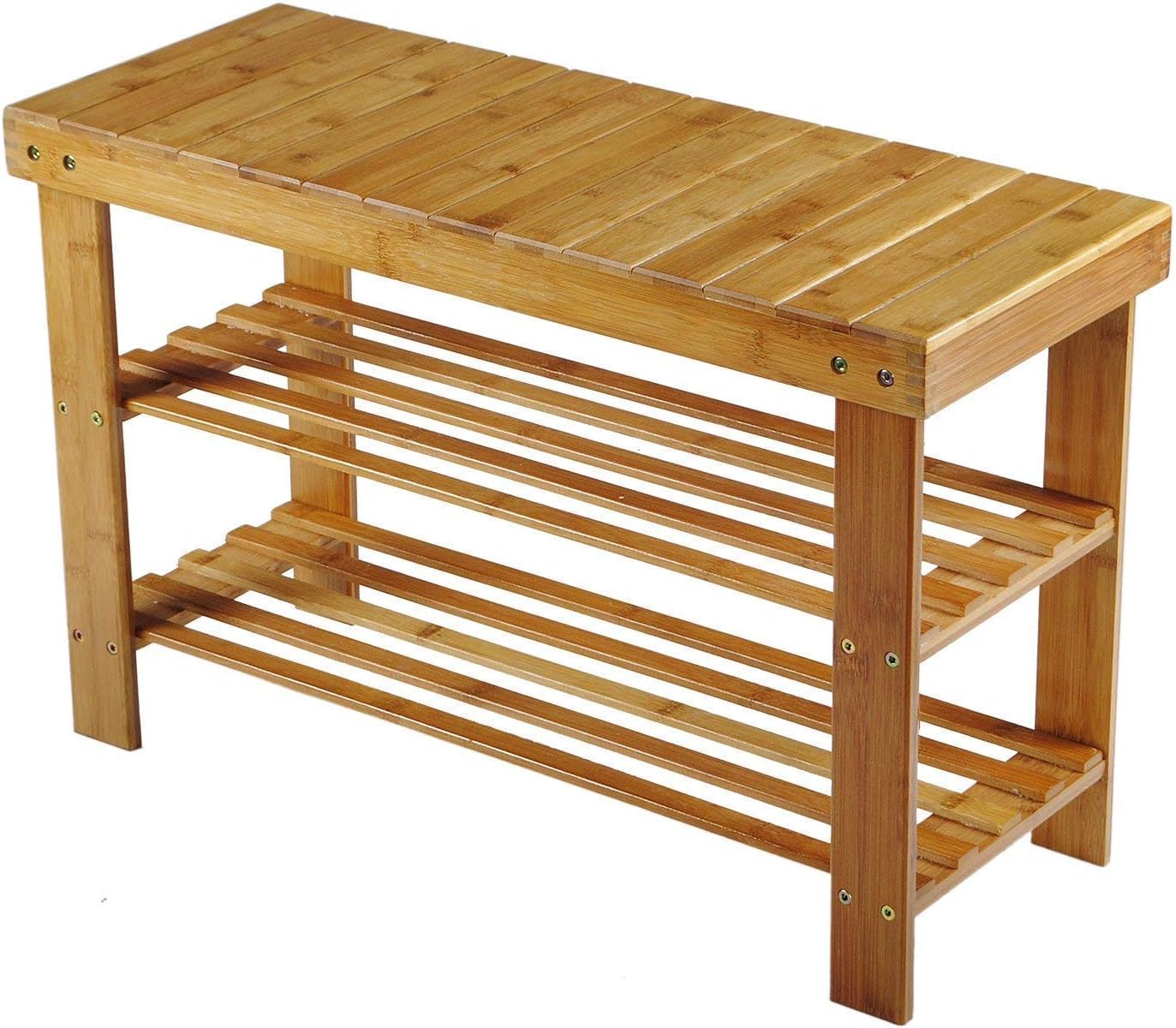 Hossejoy Bamboo Shoe Bench, 3 Tier Shoe Rack Storage Organiser, Shoe Racks Storage Shelf Organizer, Ideal for Entryway, Living Room, Hallway (70 x 28 x 45cm)