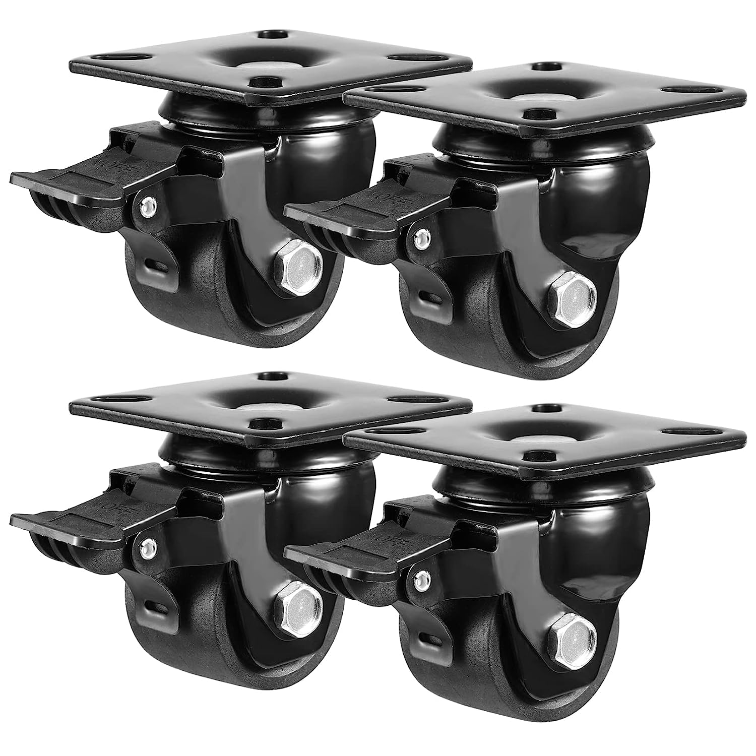 2-inch Plate Swivel Caster Wheels Set of 4 Heavy Duty, Load Capacity 2200lbs, Low Gravity Center Black Extra Width Caster with Brake, Durable & Quiet & Sturdy Nylon Wheels for Industrial