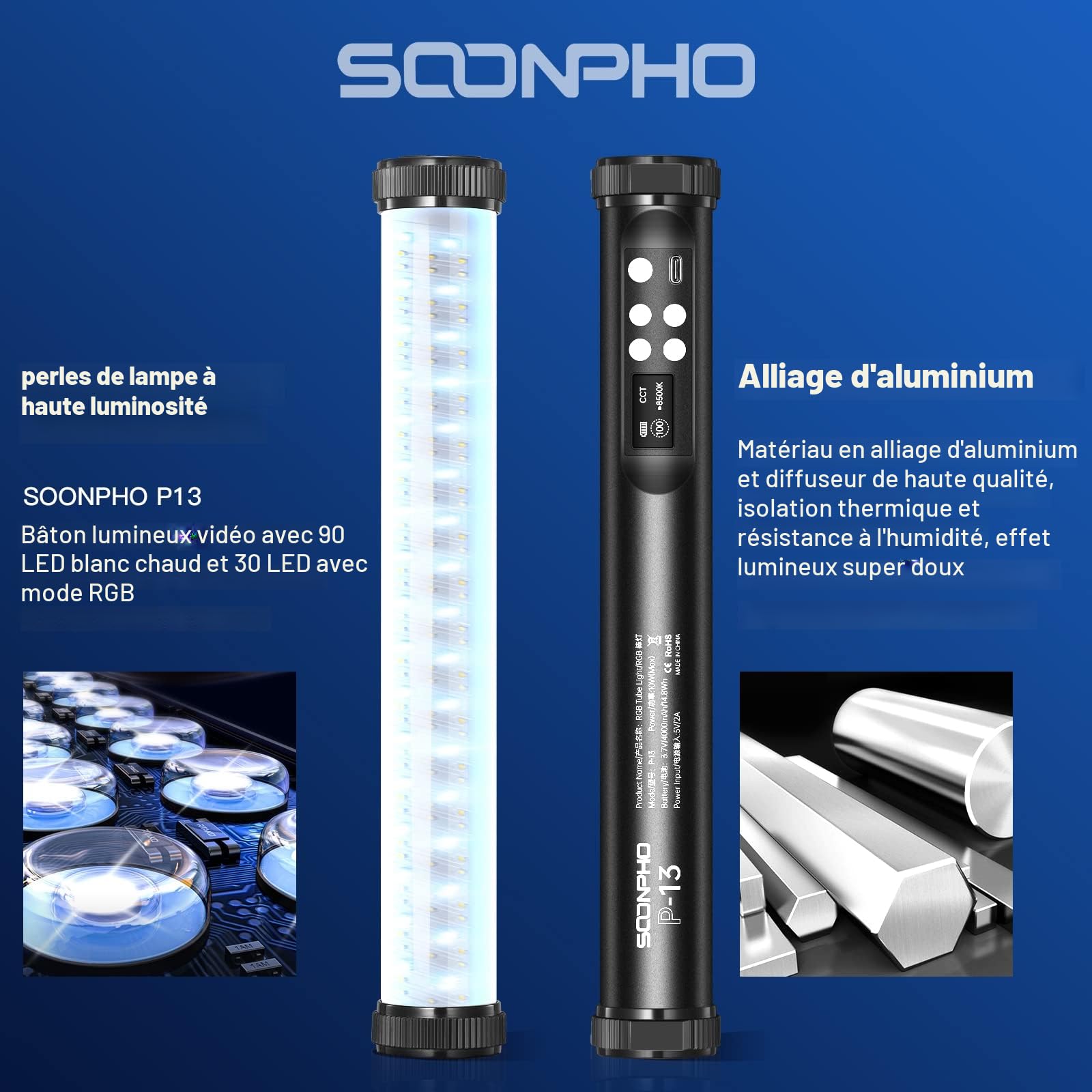 Soonpho Tube LED Batterie Video Eclairage RGB Portable avec Batterie 4000mAh,RGB Tube Video CRI 97+,2500K-8500K,Luminosité Ajustable +21 Effets pour TikTok,Youtube