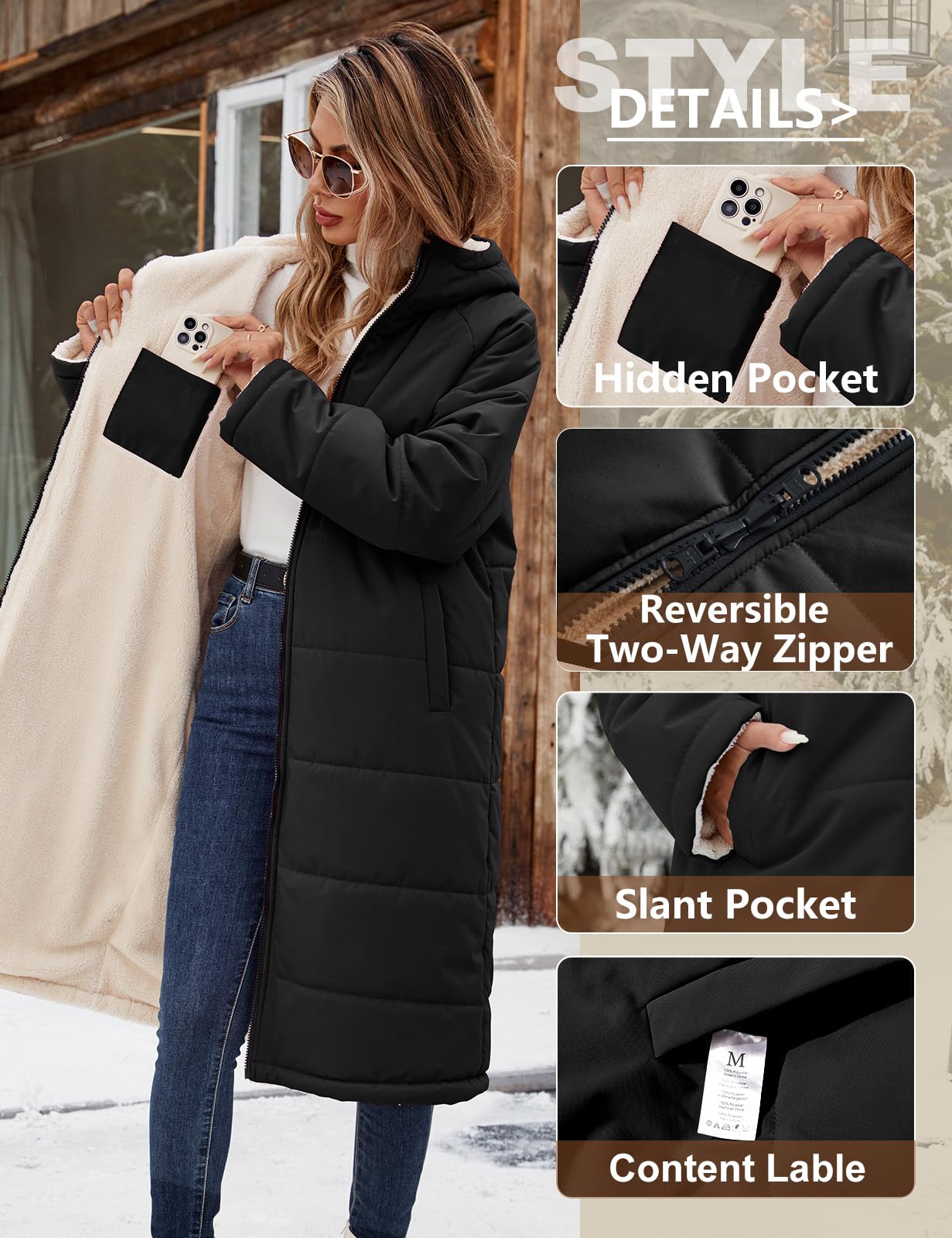 Tuopuda Manteau Femme Hiver Veste Polaire Chaud Parkas Blouson Zippée à Capuche Réversible Sherpa Casual Jacket Hooded Coat Sweat-Shirts Outercoat avec Poches