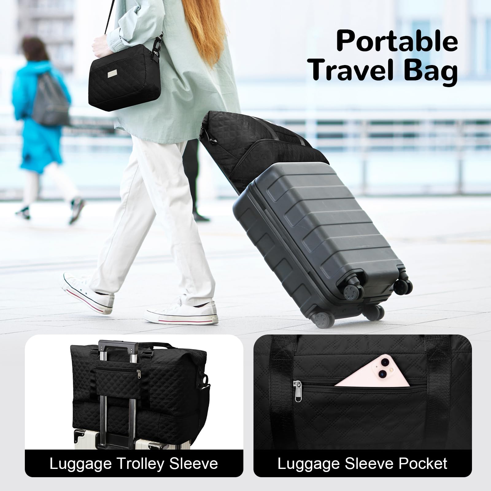 55L Bolsa de Viaje Grand Mujer, Ligera Bolsa Deportiva Niña con Bolsa de Aseo, Bolsa Maternidad Hospital con Compartimento para Zapatos, Macuto Viaje para Yoga Deporte Regalo, Negro