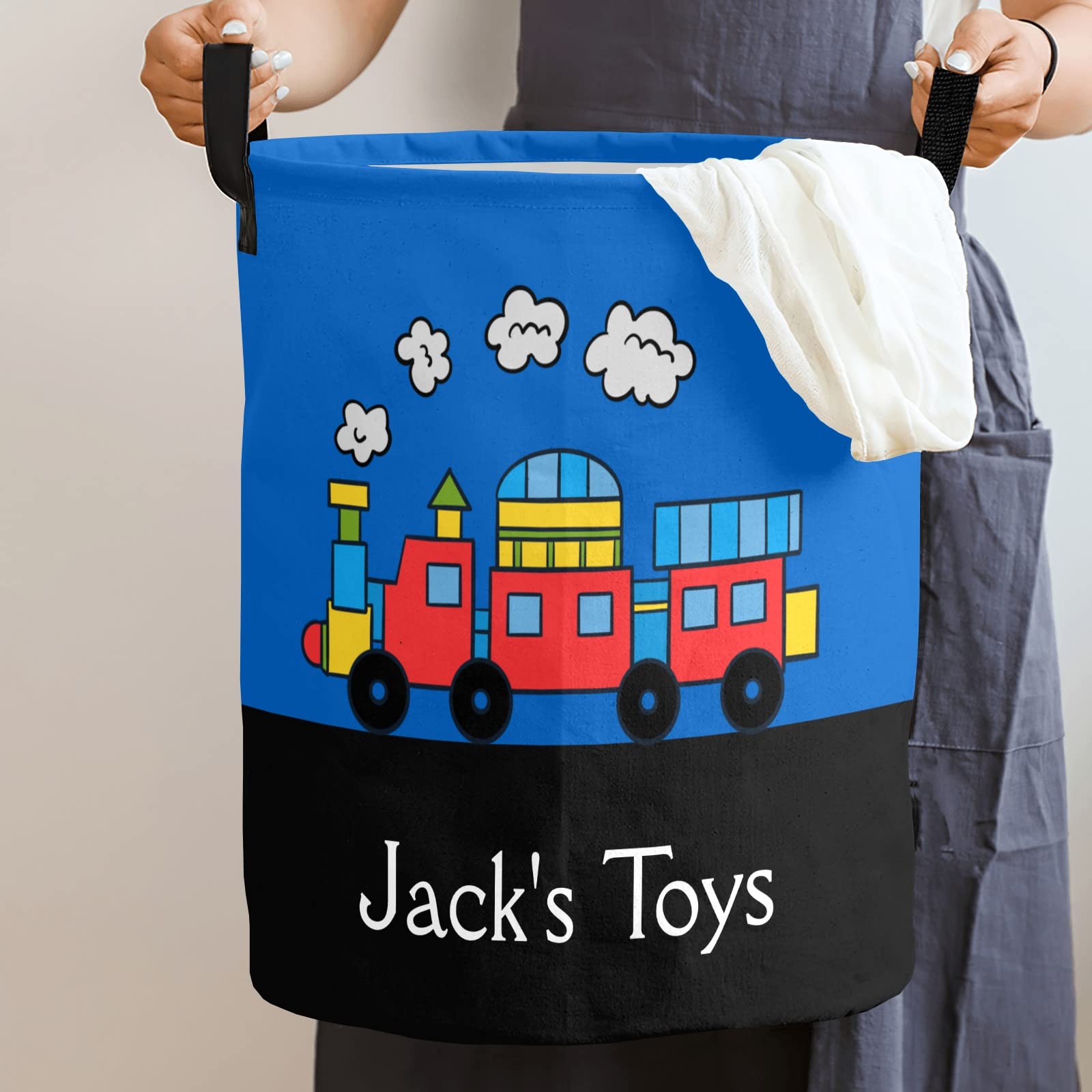 Train Running Personalized Freestanding Laundry Hamper, Custom Waterproof Collapsible Drawstring Basket Storage Bins with Handle for Clothes