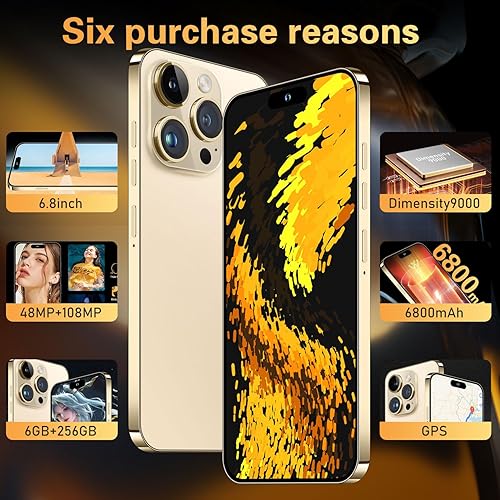 Miniatura 3 de BDWJW A14 Pro Max 5G teléfono inteligente desbloqueado, 6 GB+256 GB, para Android 13, teléfono celular desbloqueado FHD de 6.8 pulgadas, 6800 mAh,