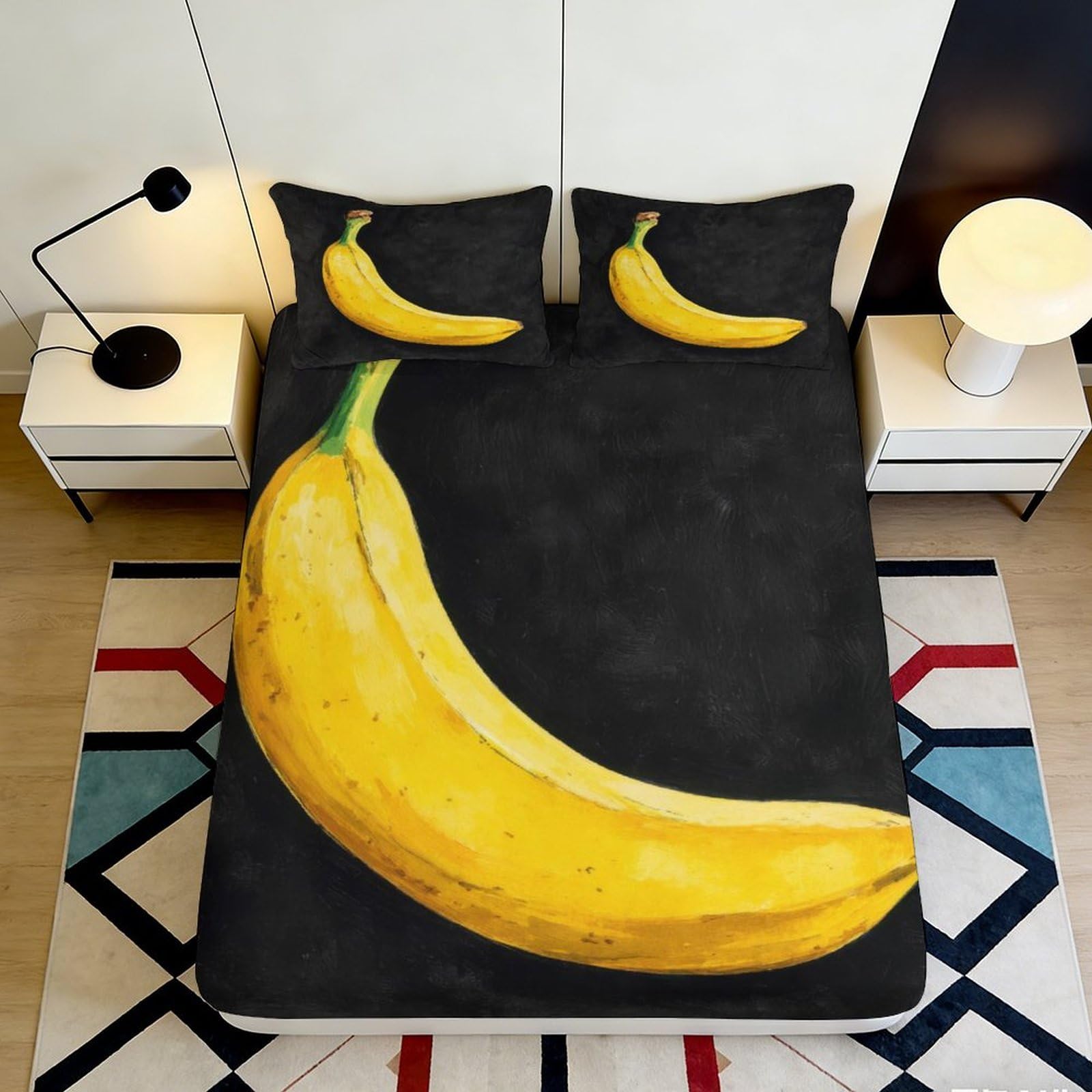 3D Printed Banana Art Fitted Sheet Microfiber Soft Black Yellow Fruit Mattress Cover for Bedroom Guest Room Decor 90x200x25cm