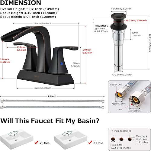 Miniatura 5 de PARLOS Grifo de baño con 2 manijas de cascada con drenaje emergente de metal y líneas de suministro de grifo, bronce aceitado, Doris 14069