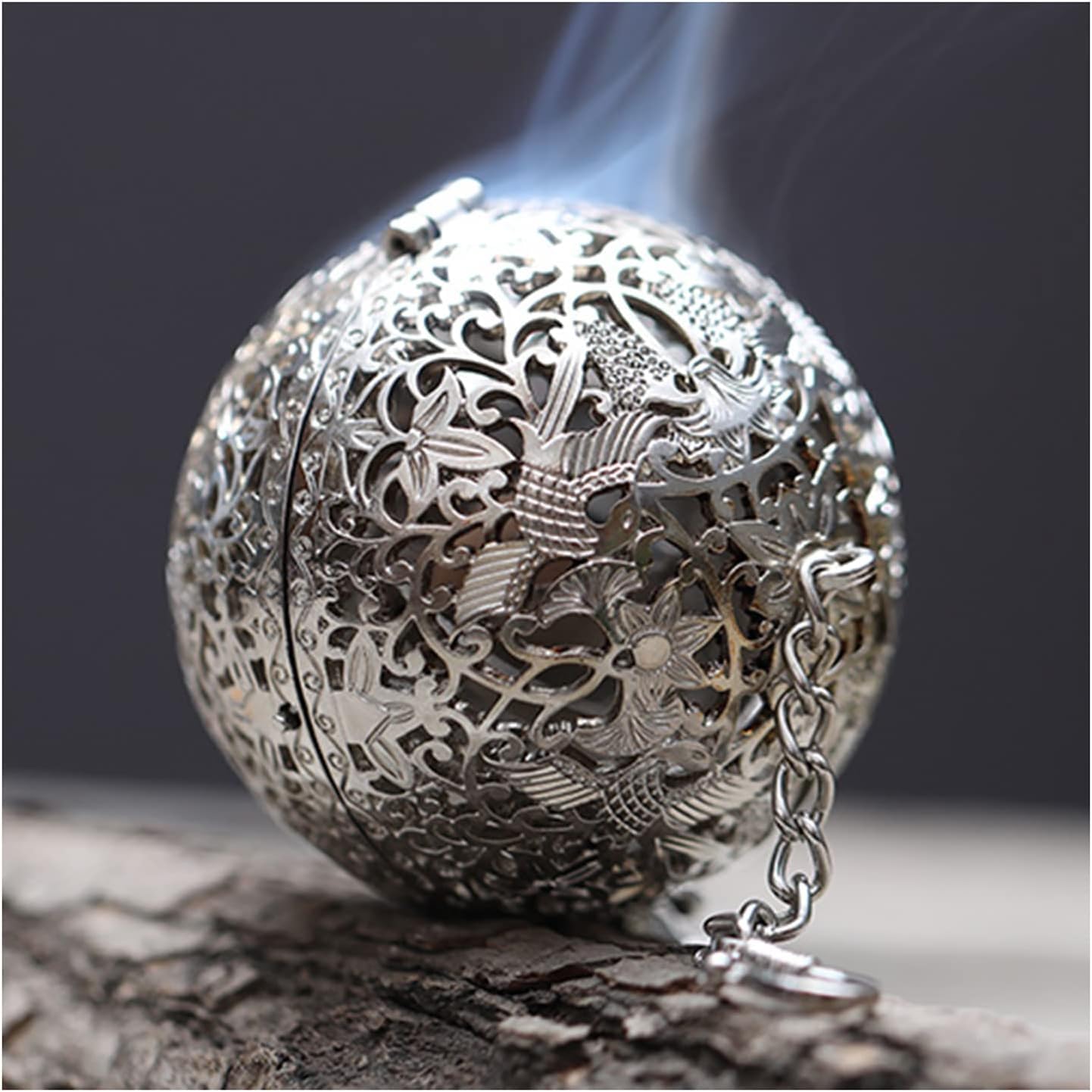 Porta incenso da appendere a forma di sfera, creativo retrò, per aromaterapia, porta incenso a forma di cono, per decorare casa e ufficio, meditazione, cerimonia del tè con Buddha. (argento)