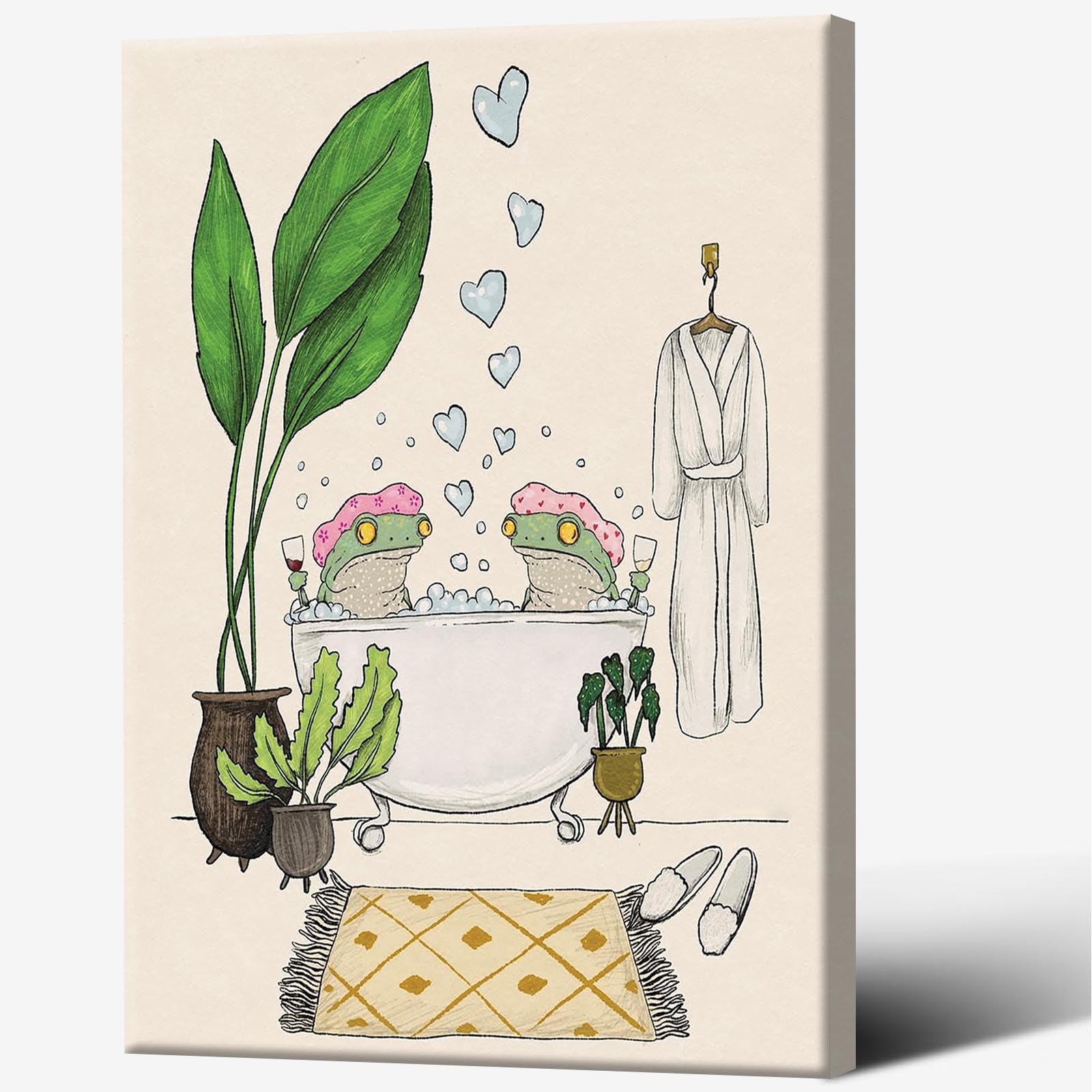 Funny Frog Bathroom Wall Art Print Poster Whimsical Animal Vibrant Frog Modern Canvas Print Room Decor Aesthetics 16X24 in Wrapped Framed