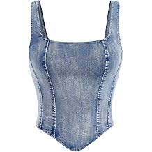 WDIRARA Womens Denim Corset Tank Top Asymmetrical Hem Crop Tops Sleeveless Zip Up Back Tanks