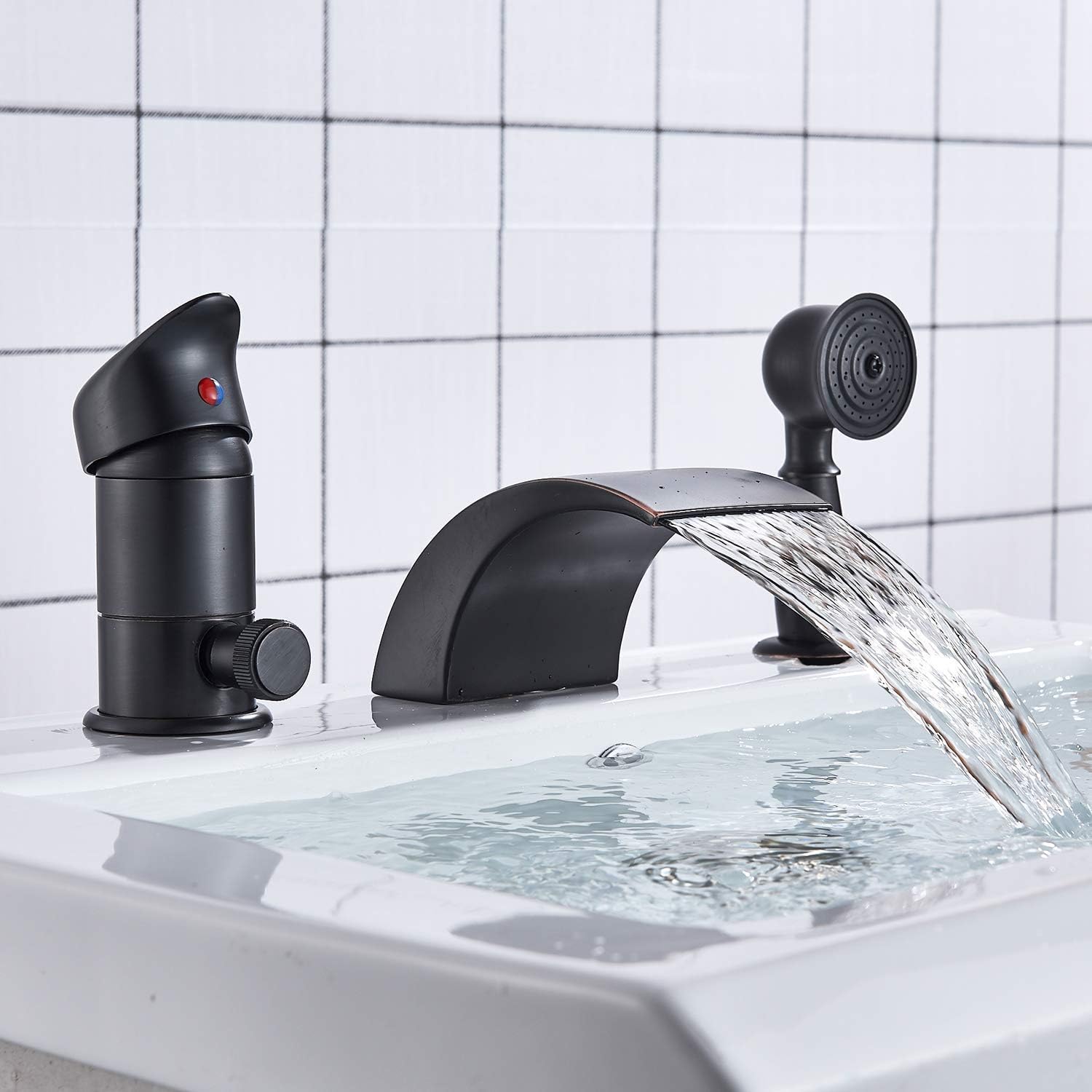 Crazy Clearance Senlesen Matte Black Deck Mounted Contemporary 3-Hole Waterfall Roman Tub Filler Faucet with Hand Shower