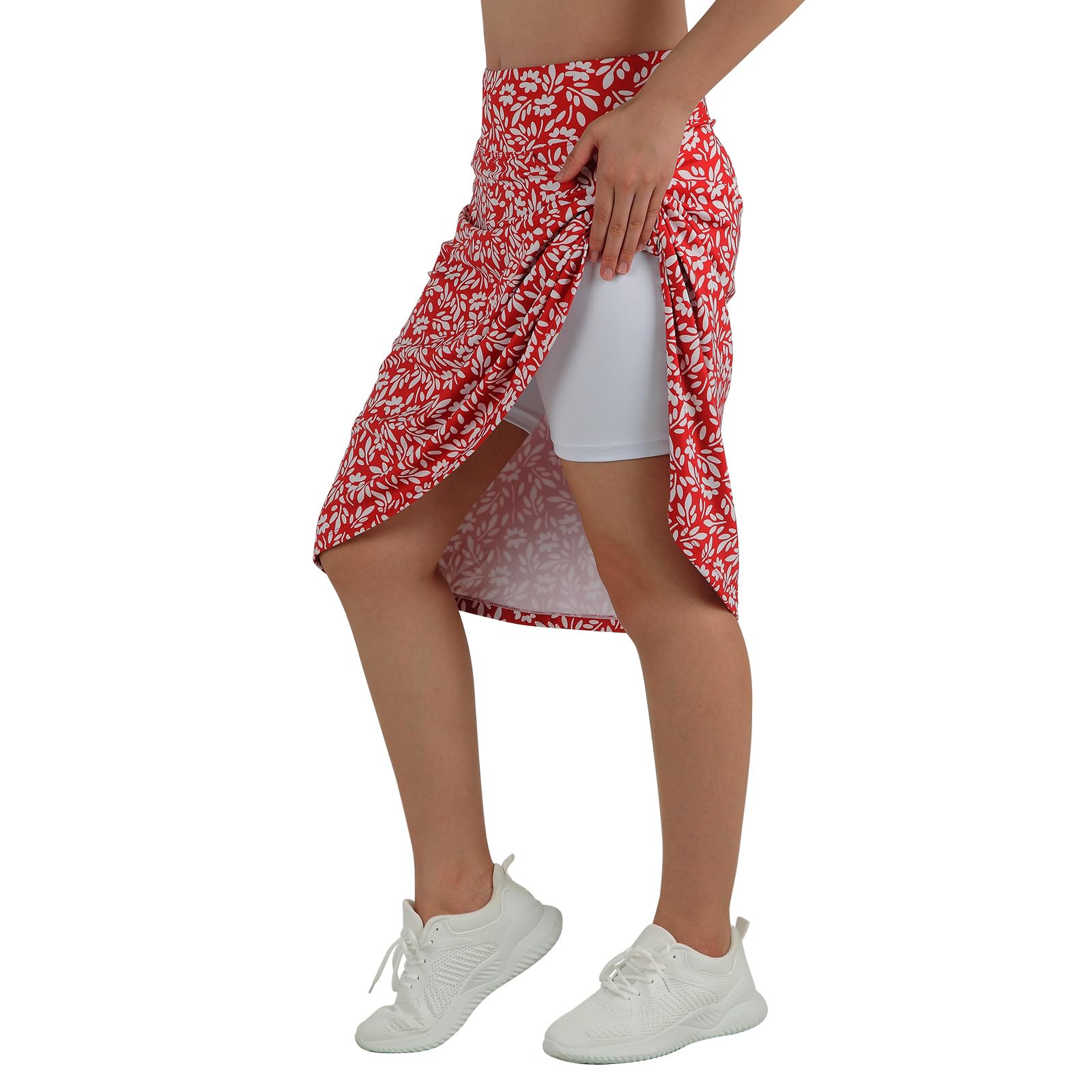 beroy Jupe-Short mi-Longue pour Femme avec 3 Poches, Jupes modestes pour Femme, Longueur Genou de 61 cm, Motif Floral Rouge et Blanc., Taille L