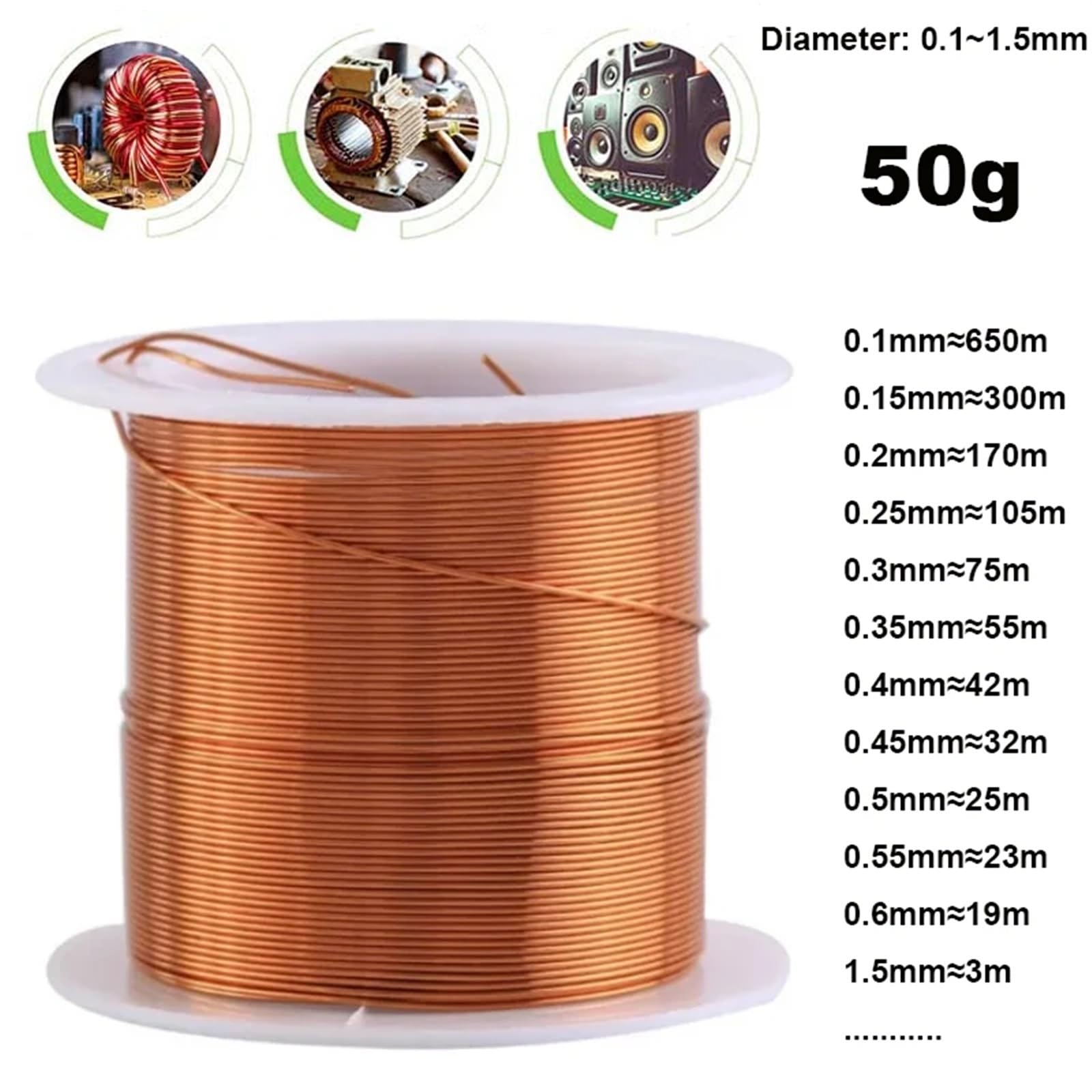 Filo di Rame 1-3Rolls 50g Filo di Rame Cavo da 0,1~1,5 mm Filo di Rame Filo smaltato Filo di Rame Laccato Filo di Rame smaltato(1.3mm-4m,3Rolls)