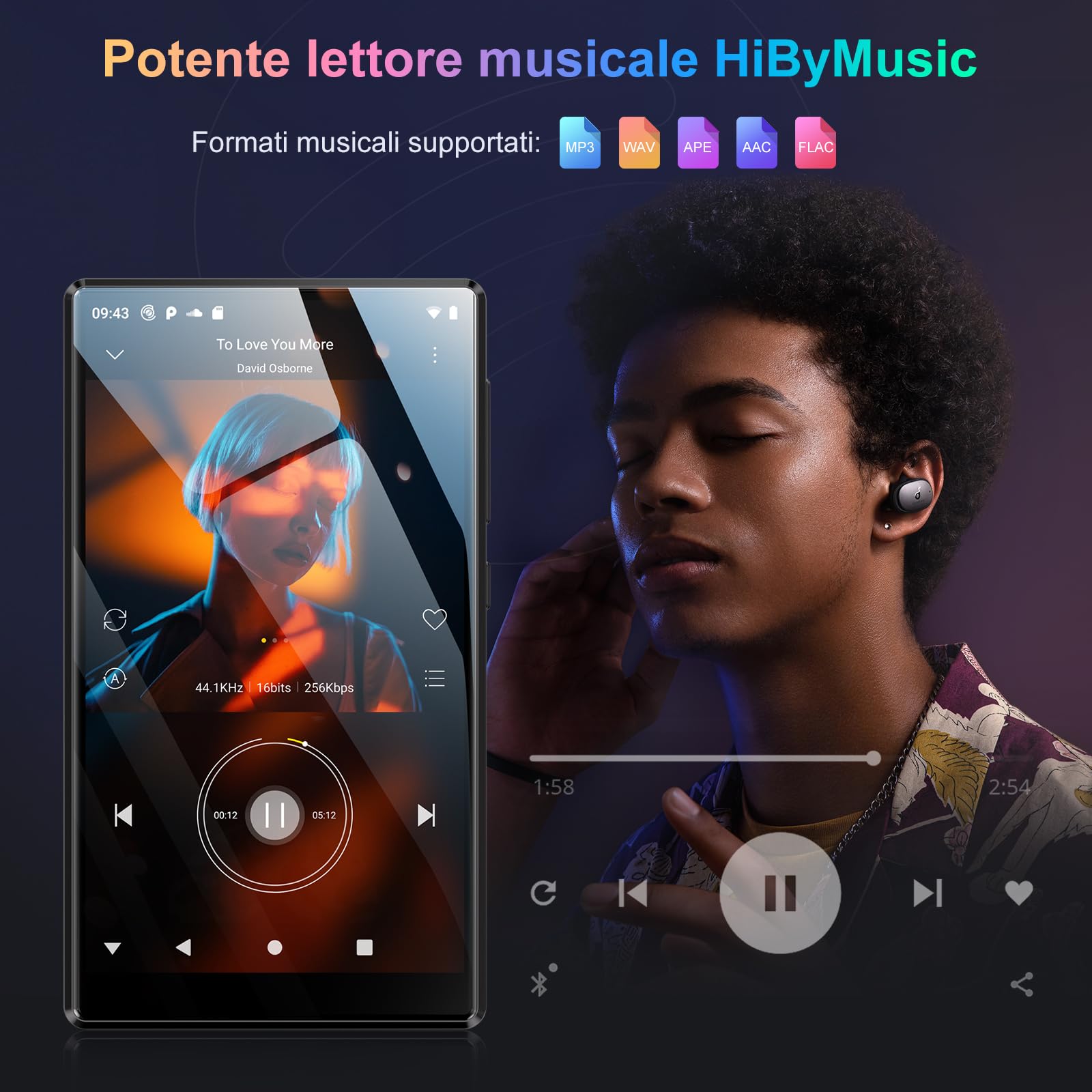 Oilsky 96GB Lettore MP3 Spotify con WiFi e Bluetooth, 4,7'' 1280P Schermo Tattile, Android 13.0, RAM:4GB, Lettore MP3 e MP4 con Amazon Music, Deezer, Play Store (Nero)
