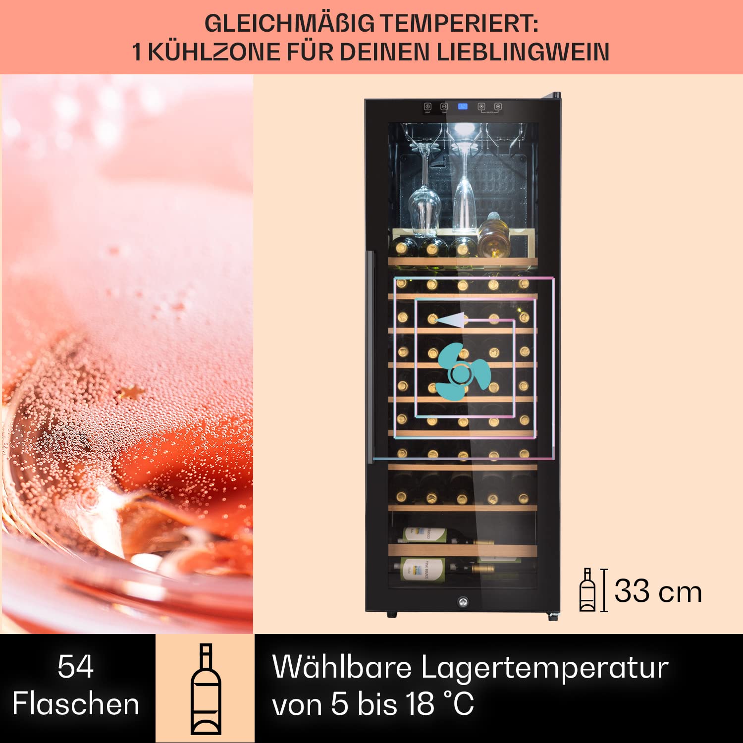 Klarstein Weinkühlschrank 54 Flaschen 1 Zone Glastür UV-Schutz 4-18°C Freistehend