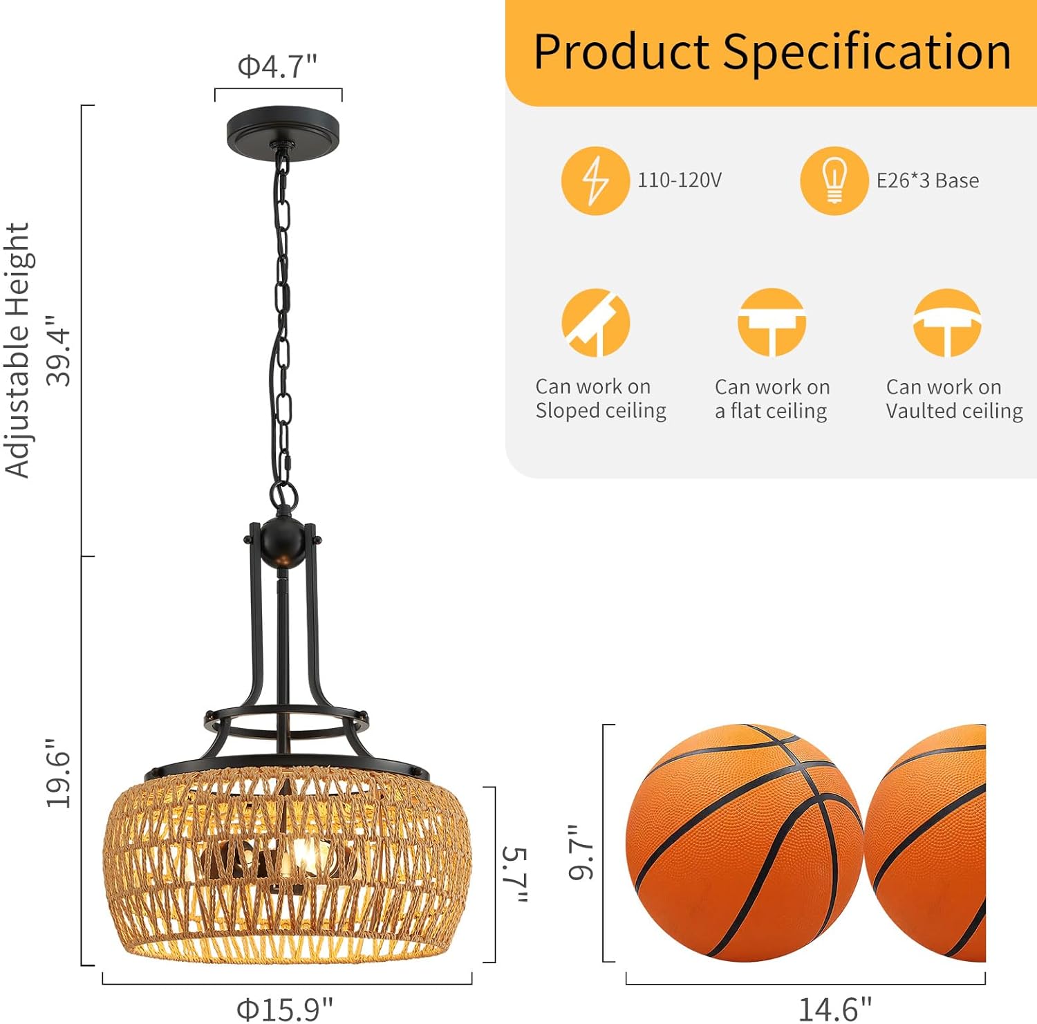 WUZUPS Rattan Boho Chandelier Rustic Farmhouse Industrial Round Coastal Hanging Pendant Light Fixture Wicker Lampshade for Dining Room Kitchen Island Foyer Entryway, H 19.6" x W 15.9", Black