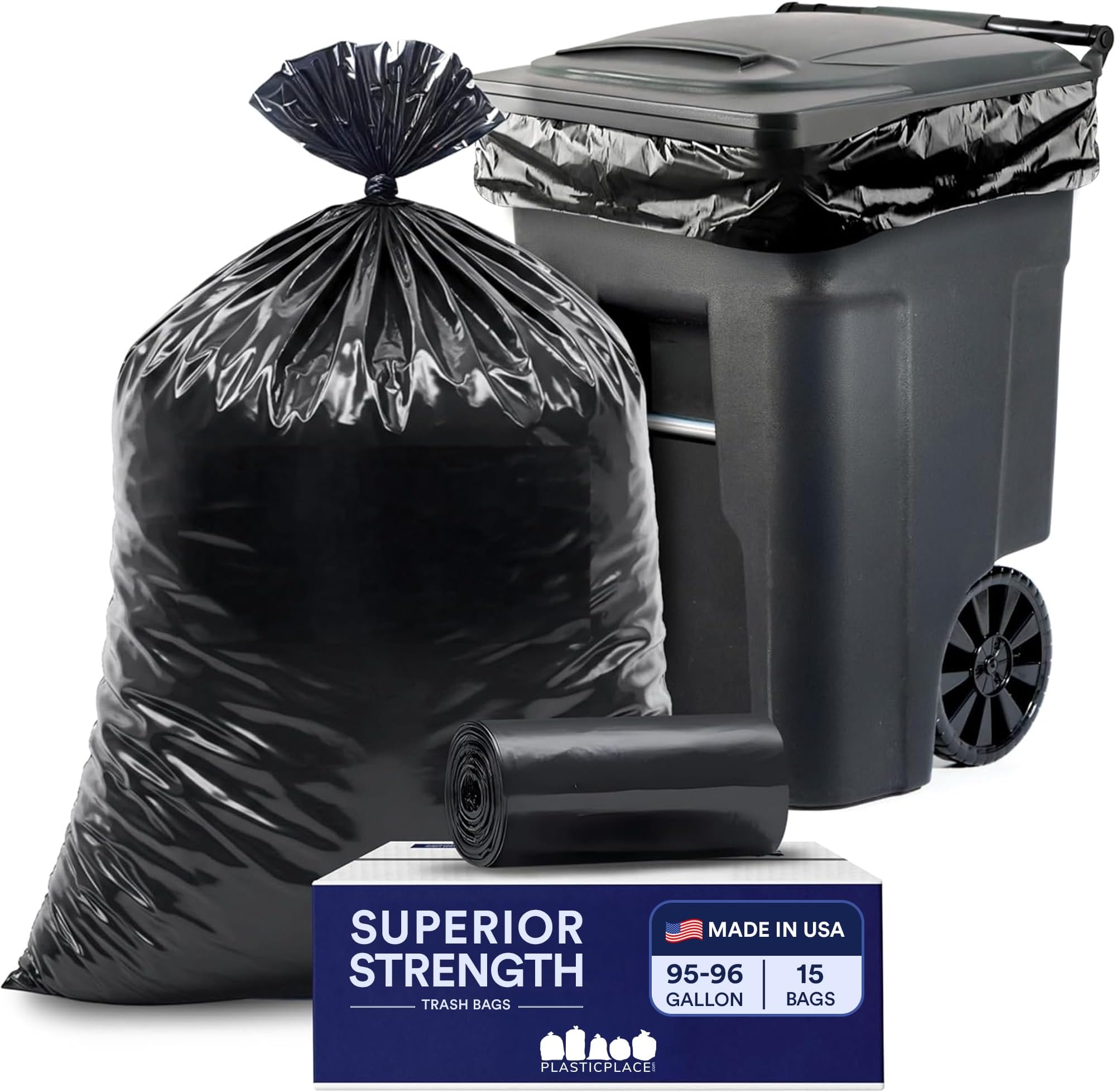 Plasticplace 95-96 Gallon Heavy Duty Black Trash Bags - Contractor Grade, Extra Large Garbage Bags for Construction & Outdoor Trash Cans, 1.2 Mil Thick, 61” x 68” (15 Count Roll)