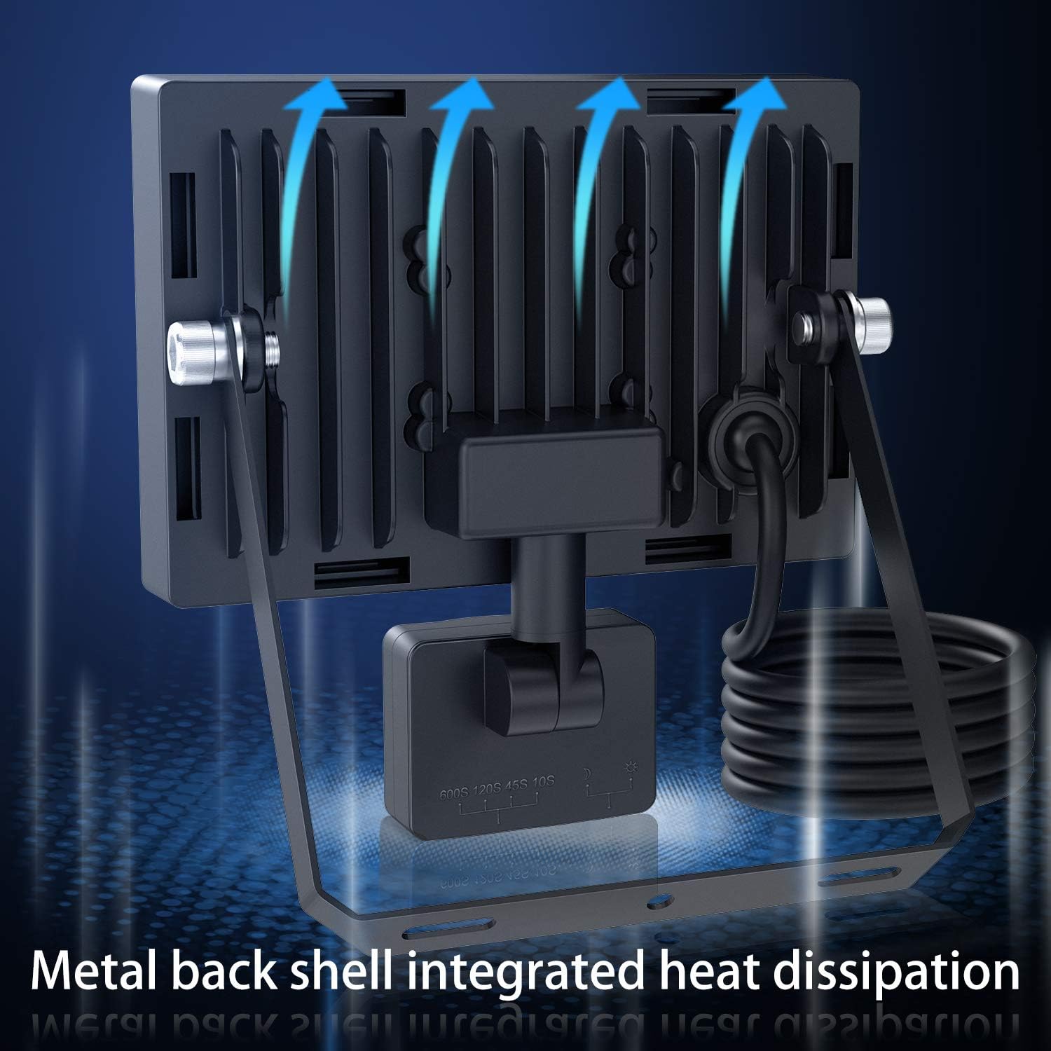 Image showing the metal back shell of the CLY floodlight with arrows indicating heat dissipation, emphasizing its cooling design.