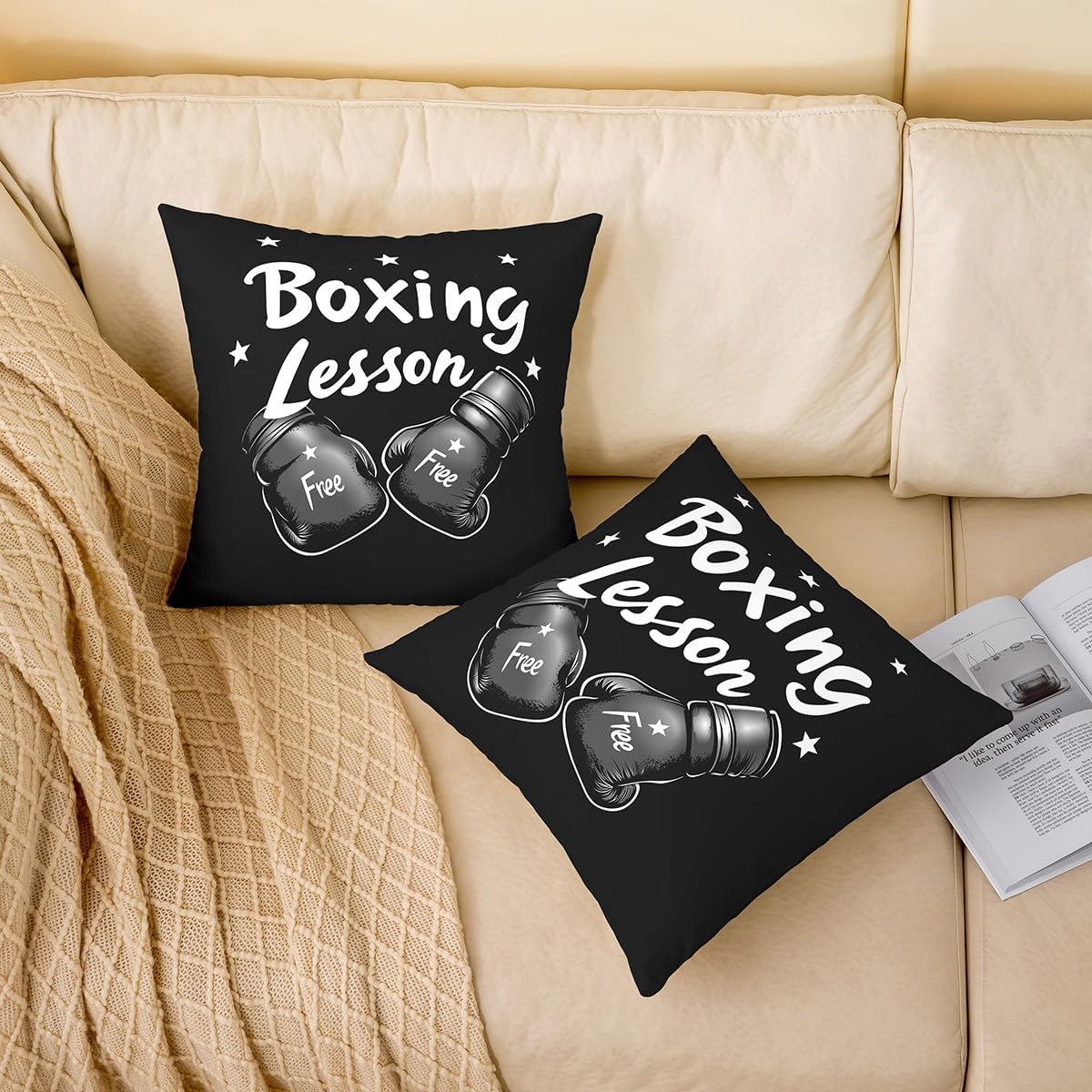 Erosebridal Set of 2 Boxing Throw Pillow Covers 18x18 Inch Sports Decorative Pillowcases for Kids Boys Men Starry Gloves Gaming Black White Cushion Cases Soft Cushion Covers image 2