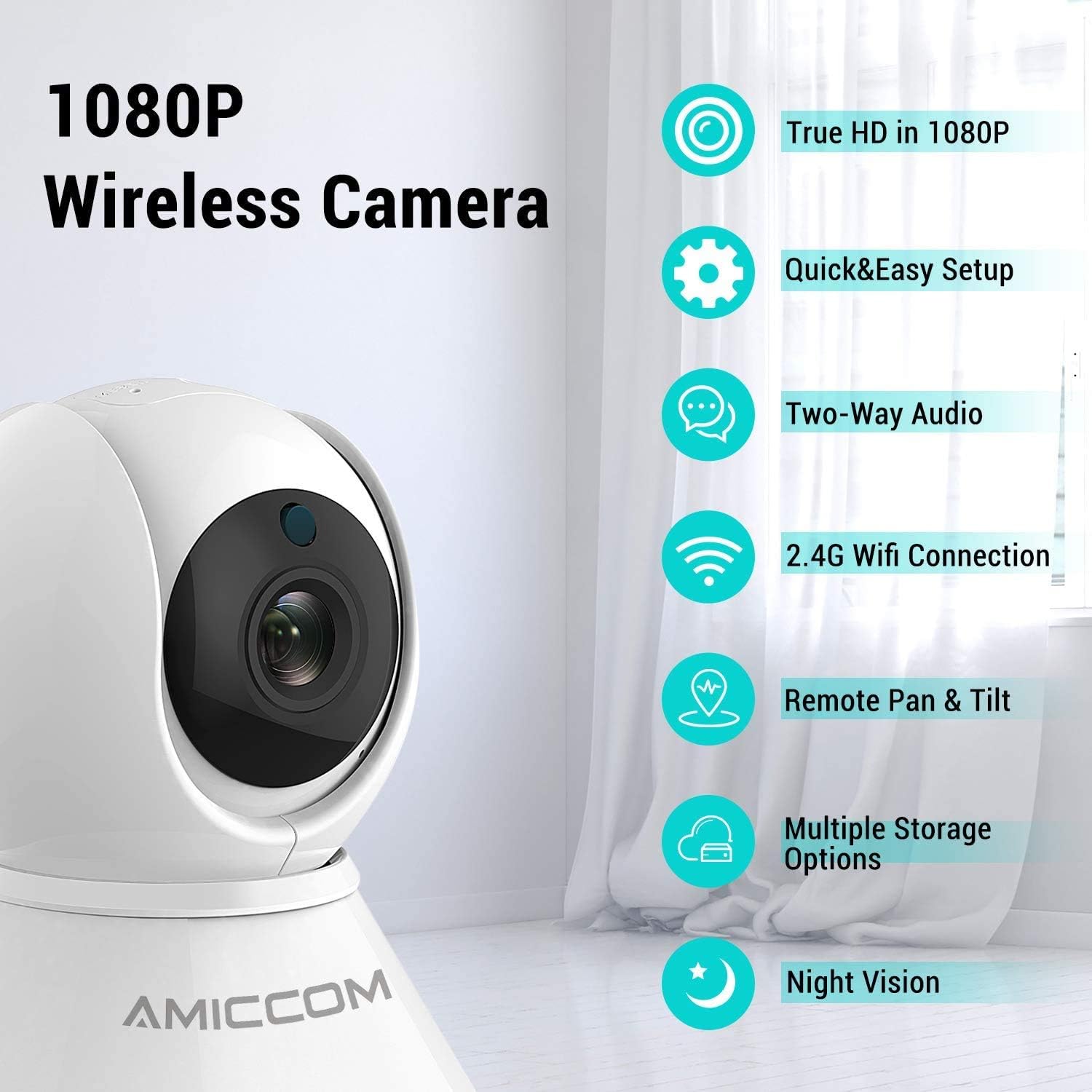 Wireless Security Camera, WiFi Camera Indoor Home 1080p HD Pan/Tilt/Zoom Cam Pan Wi-Fi Smart IP Camera for Baby/Pet/Nanny, Motion Detection, 2 Way Audio Night Vision