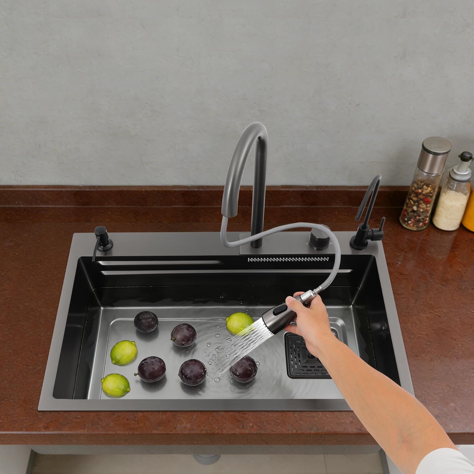 75x46x22cm Fregadero de Cocina,Fregadero de Cascada de acero inoxidable,con grifo extraíble de agua fría/caliente,escurridor,tabla de cortar,filtro de agua,Fregadero de un solo cuenco,Negro
