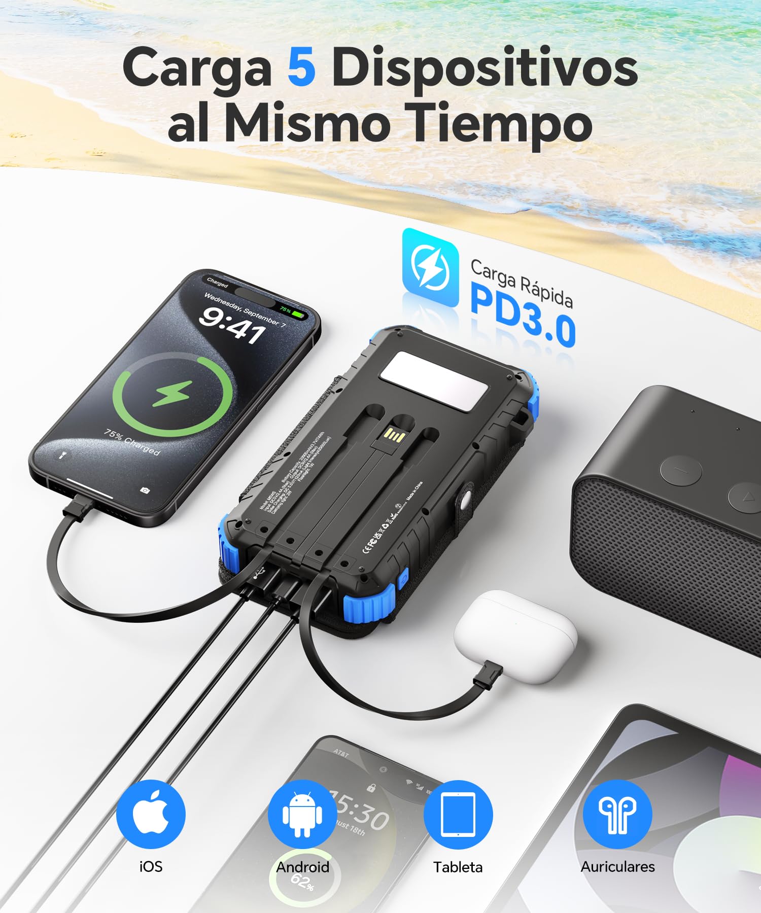 Cargador Solar de 20000mAh con 4 Paneles Solares, USB C 15 W Carga Rápida, 5 Salidas y 3 Cables, Power Bank Solar para Exteriores con Mosquetón y Linternas para Camping, Teléfonos y Tabletas