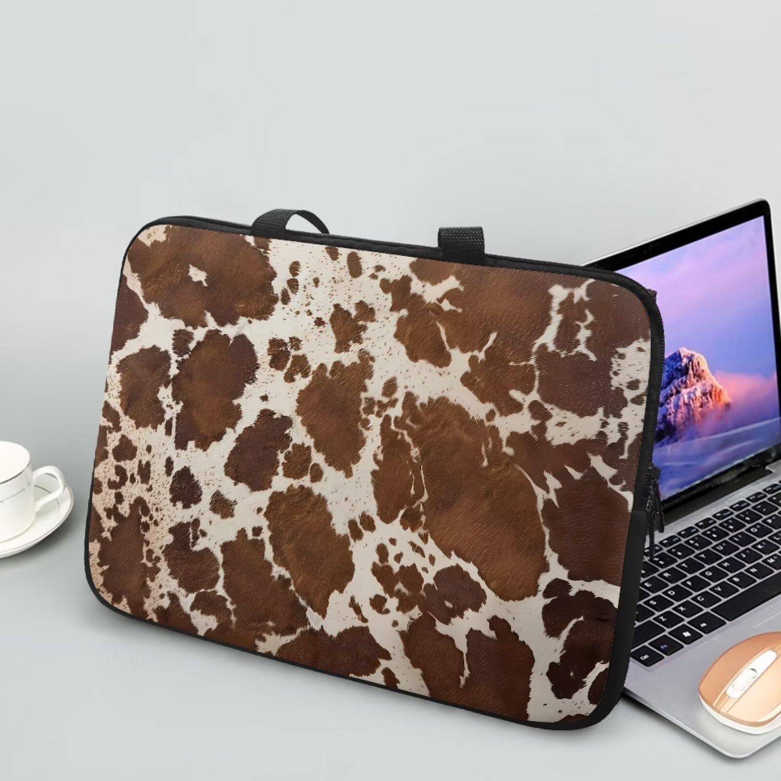 Suhoaziia Cow Print Brown Laptop Cases & Sleeves, Laptop Tote Bag for Men Women, Computer Bag for 10