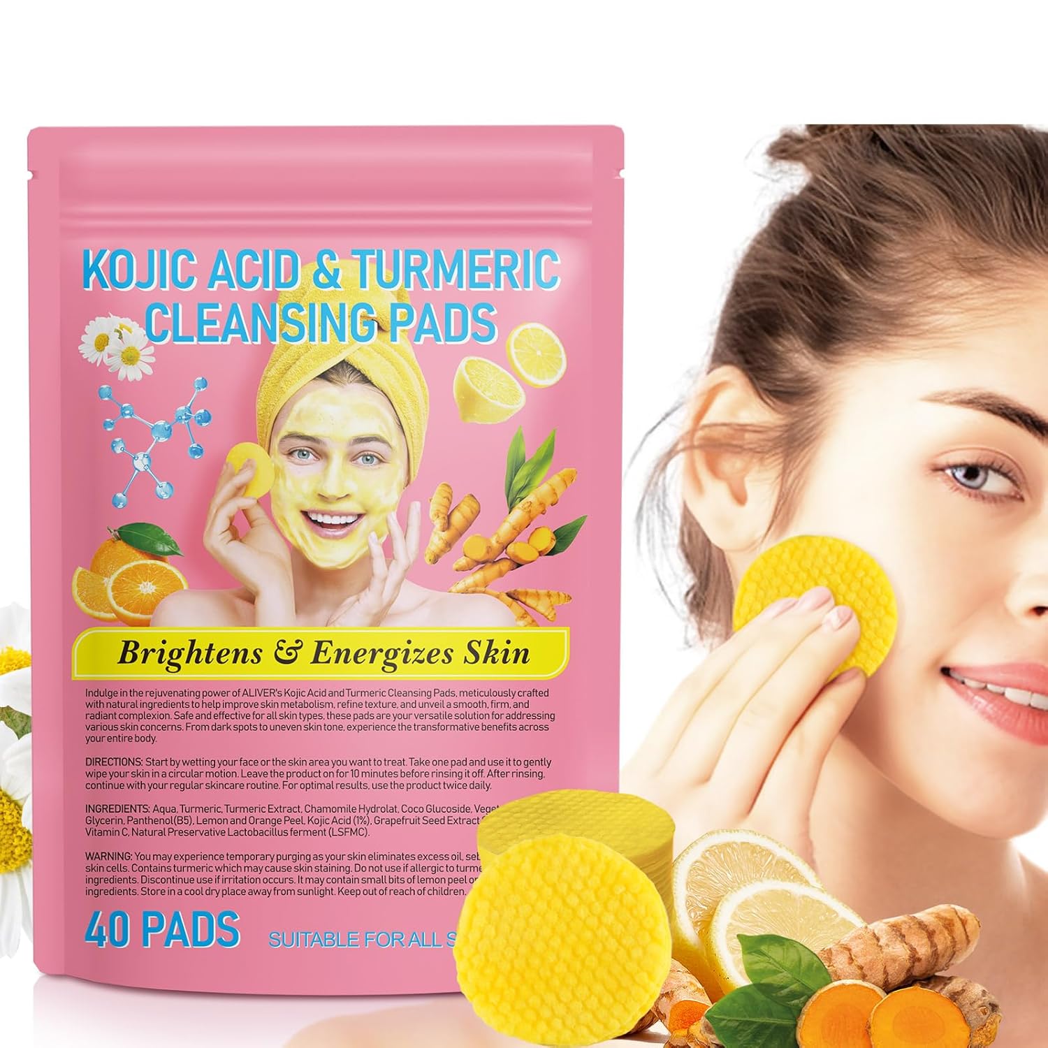 Turmeric Cleansing Pads for Face,40PCS Turmeric Kojic Acid Cleansing Pads,and Body with Vitamin B5 Vitamin C for Body's Skin