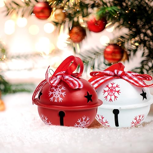 Miniatura 7 de TEHAUX 12 campanas de Navidad, cascabeles con cuerda, pequeñas campanas de estrella de Navidad con patrón de nieve, adornos de campana de Navidad