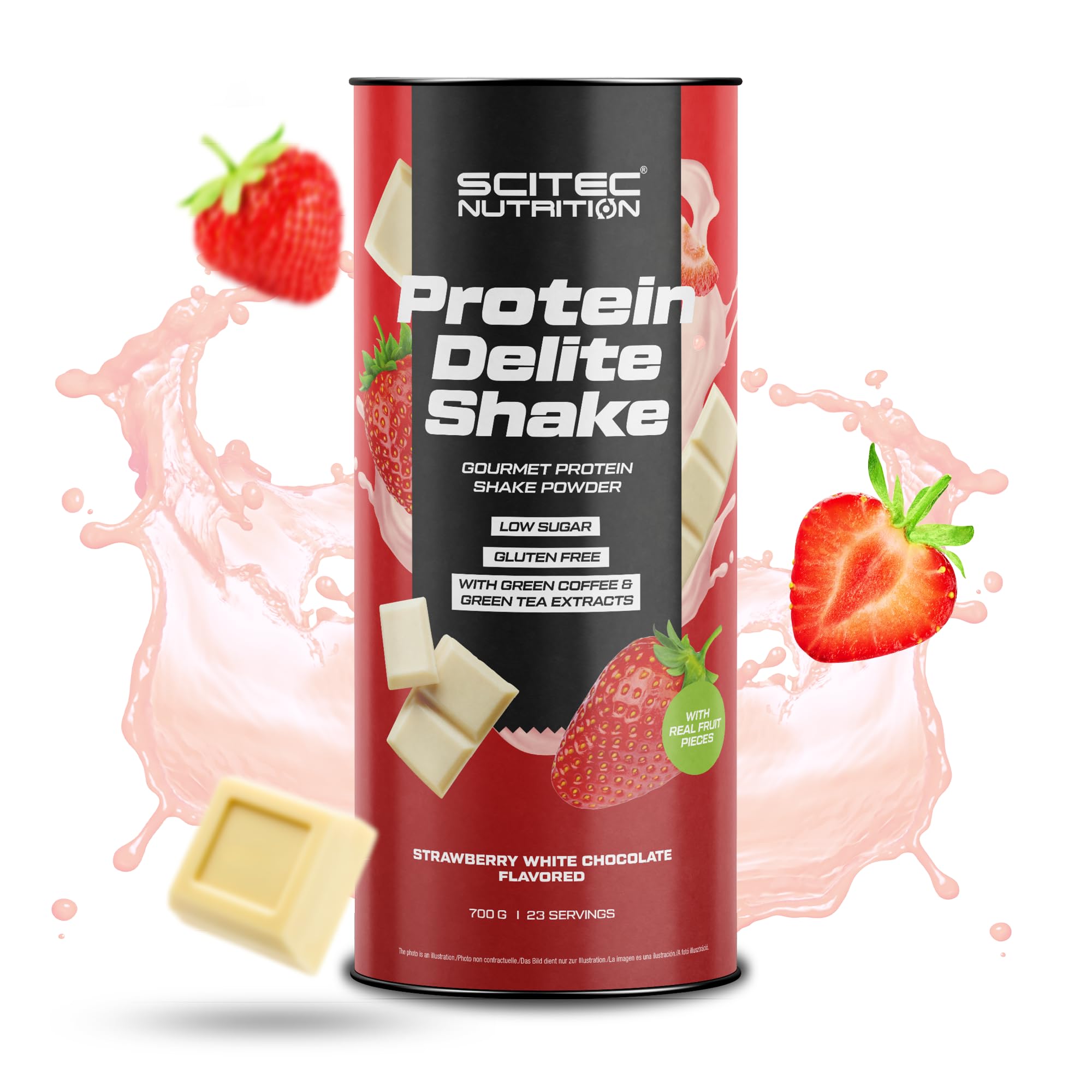 Scitec Nutrition Protein Delite Shake Bevanda proteica aromatizzata in polvere con pezzi di fragola liofilizzata, L-carnitina, estratto di caffè verde, 700 g, Cioccolato bianco alla fragola